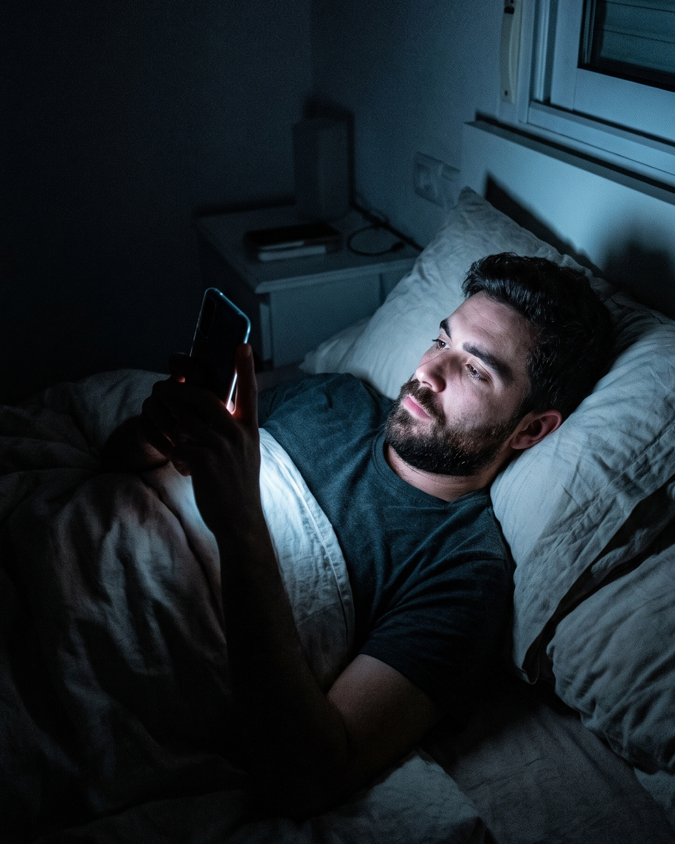 A bearded man lies in bed in a dark room, his face illuminated by his smartphone screen.