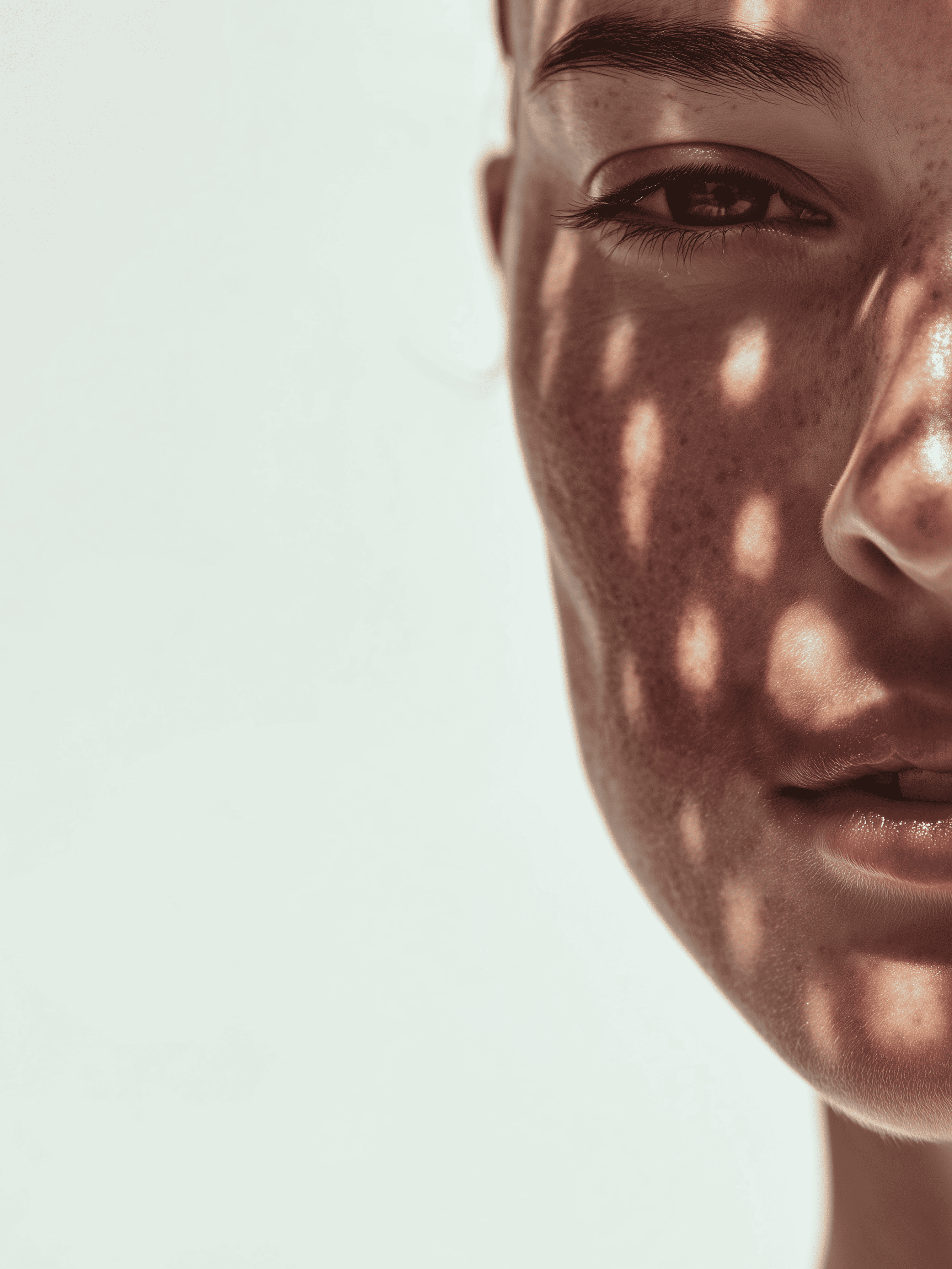 A close-up of a person's face, with dappled light casting a pattern of shadows on their skin.
