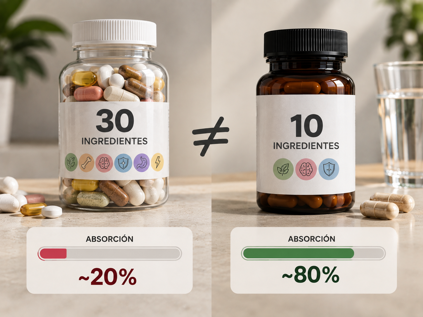 A comparison showing a supplement with 30 ingredients has ~20% absorption, versus one with 10 ingredients and ~80% absorption.