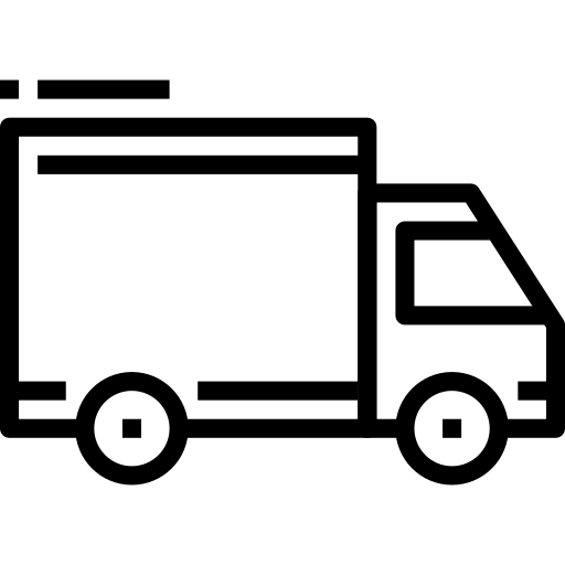 A black and white line icon of a delivery truck in motion.