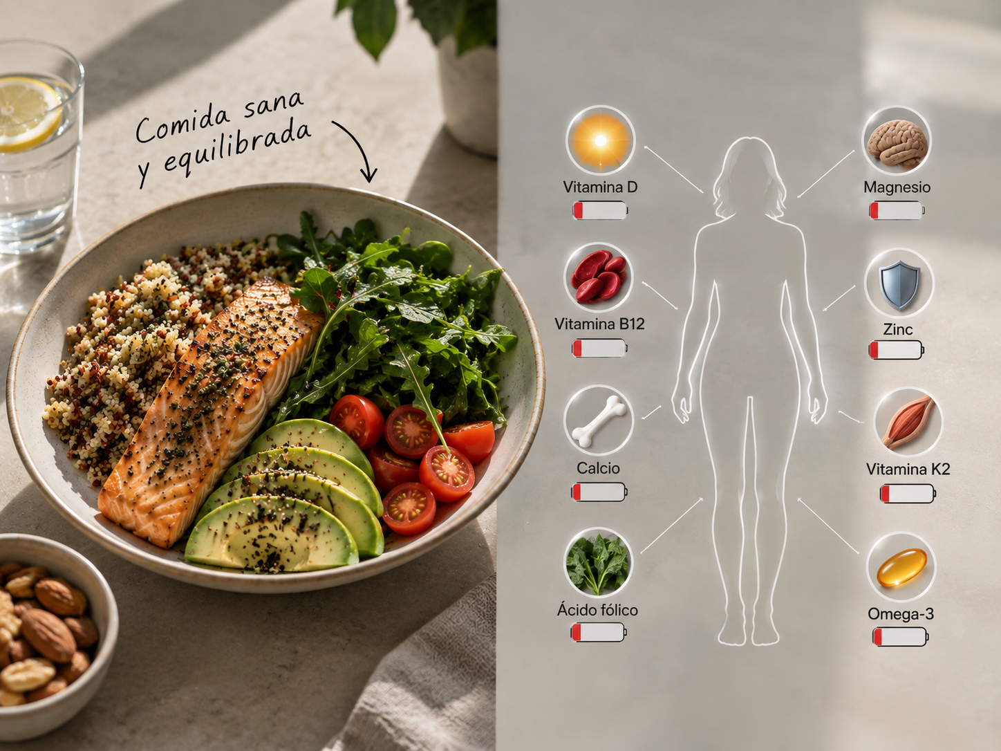A healthy meal of salmon and salad next to a diagram of nutrient deficiencies in the body.