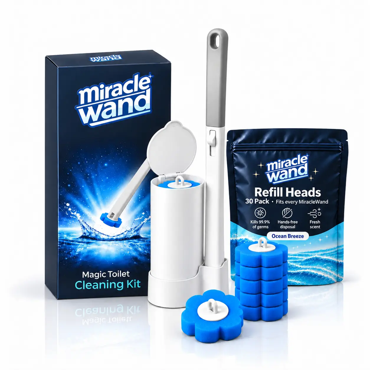 A Miracle Wand Magic Toilet Cleaning Kit with its packaging, wand, caddy, and refill heads.