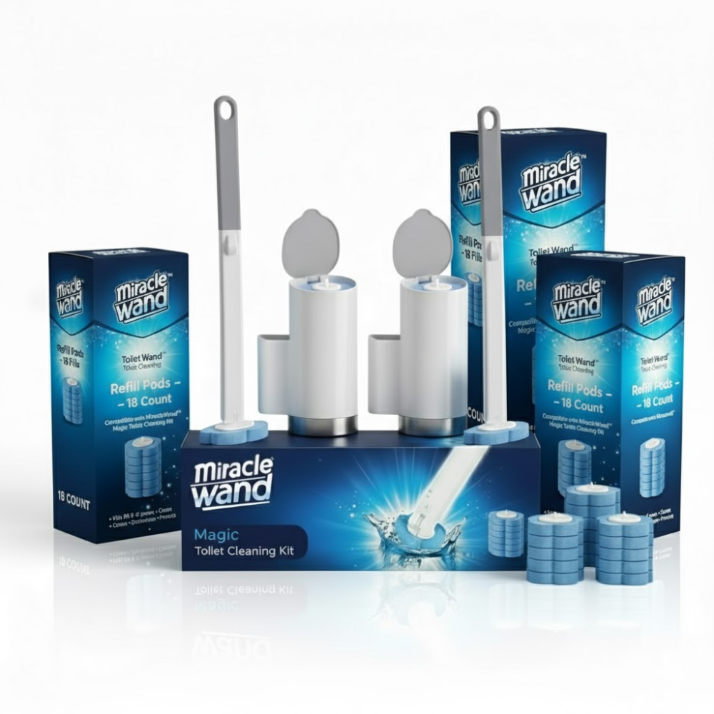 Miracle Wand toilet cleaning kit with refill pods on display.