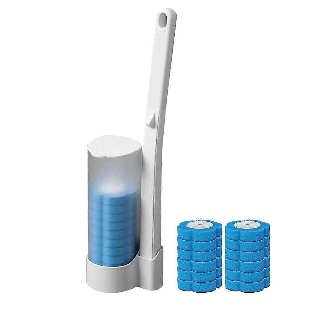 Toilet cleaning set with blue brush heads and a white handle.