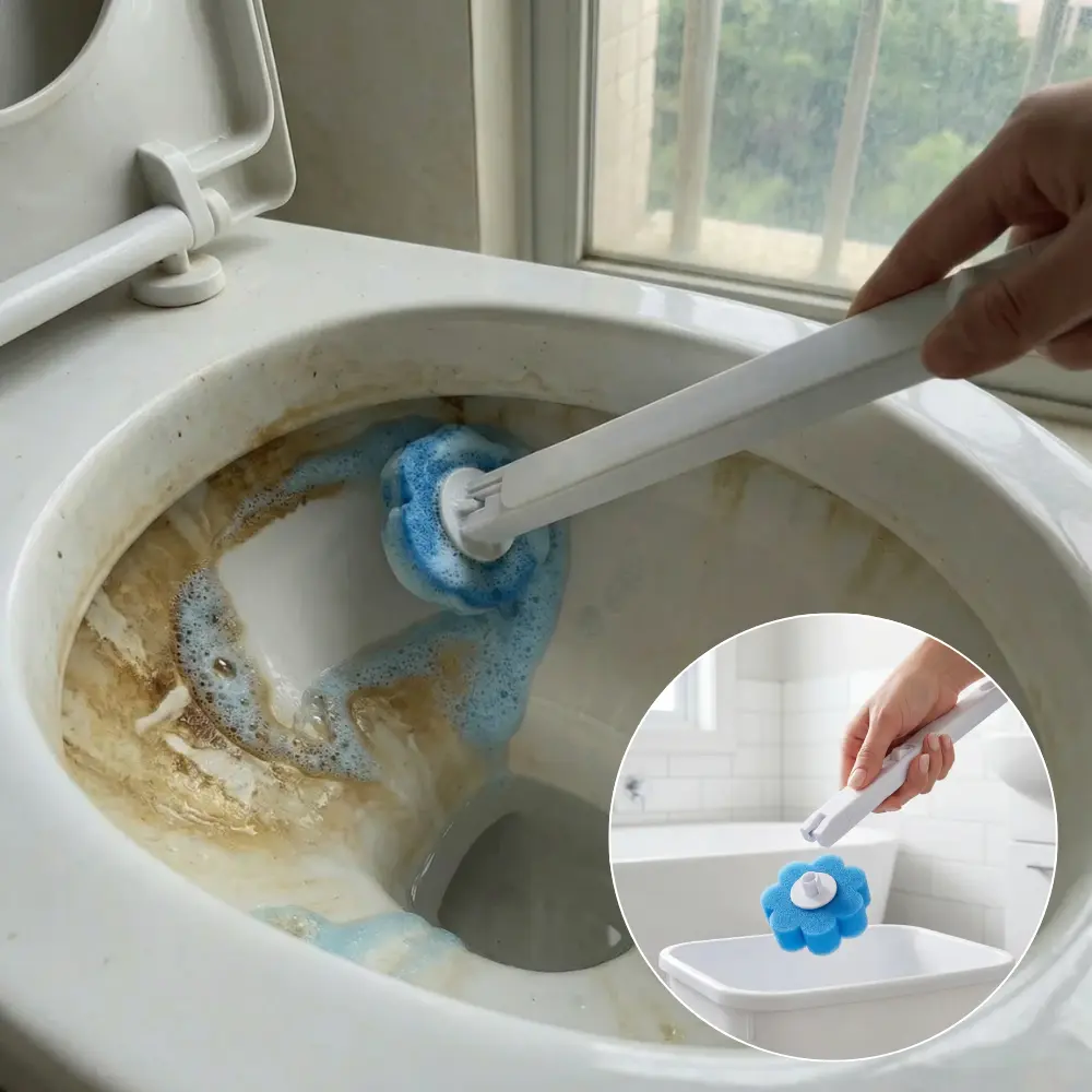 A person cleaning a very stained toilet bowl with a long-handled blue scrubbing tool.