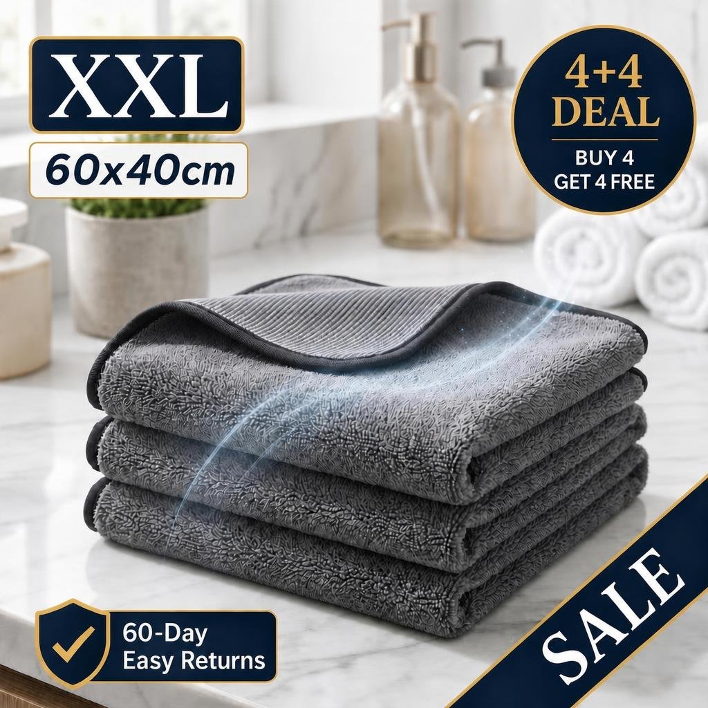 A promotional image showing a stack of three grey, textured towels on a marble surface.
