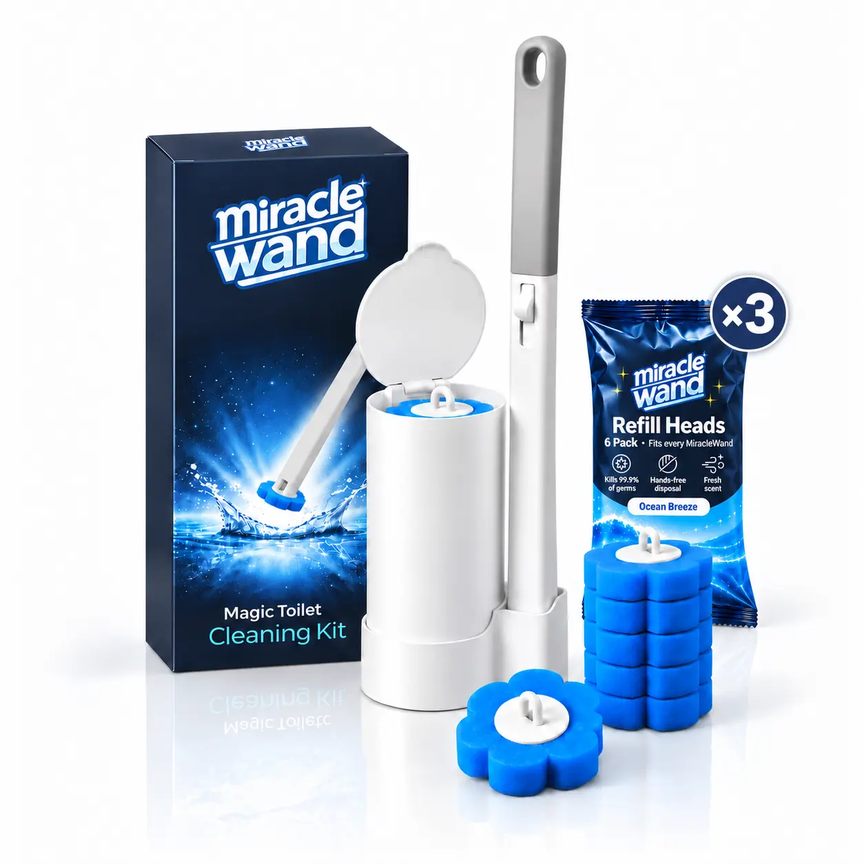 A Miracle Wand Magic Toilet Cleaning Kit with its wand, holder, and blue scrubber refills on display.