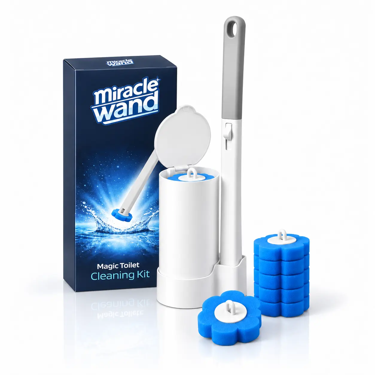 A Miracle Wand toilet cleaning kit, including the box, wand, caddy, and blue sponge refills.