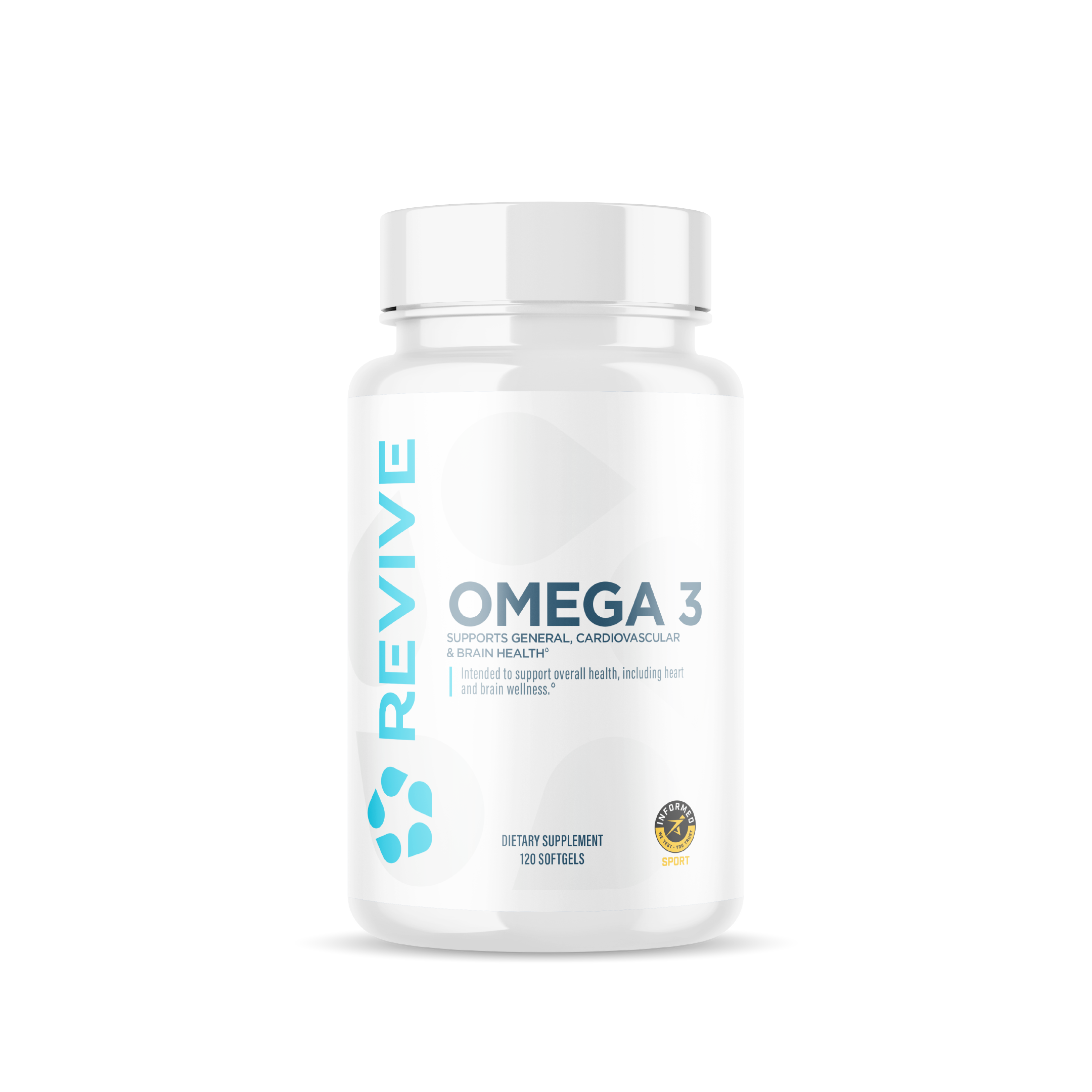 White bottle labeled 'Revive Omega 3' dietary supplement with 120 softgels.