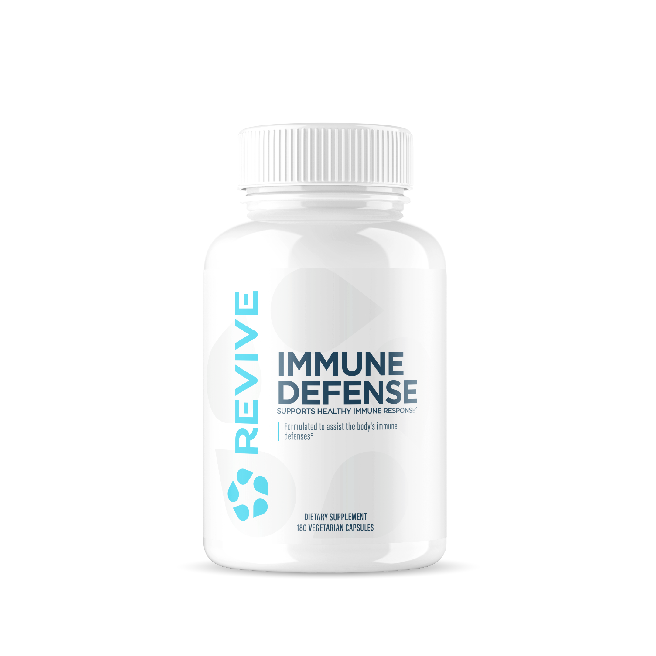 White bottle labeled 'Immune Defense' with blue text and logo.