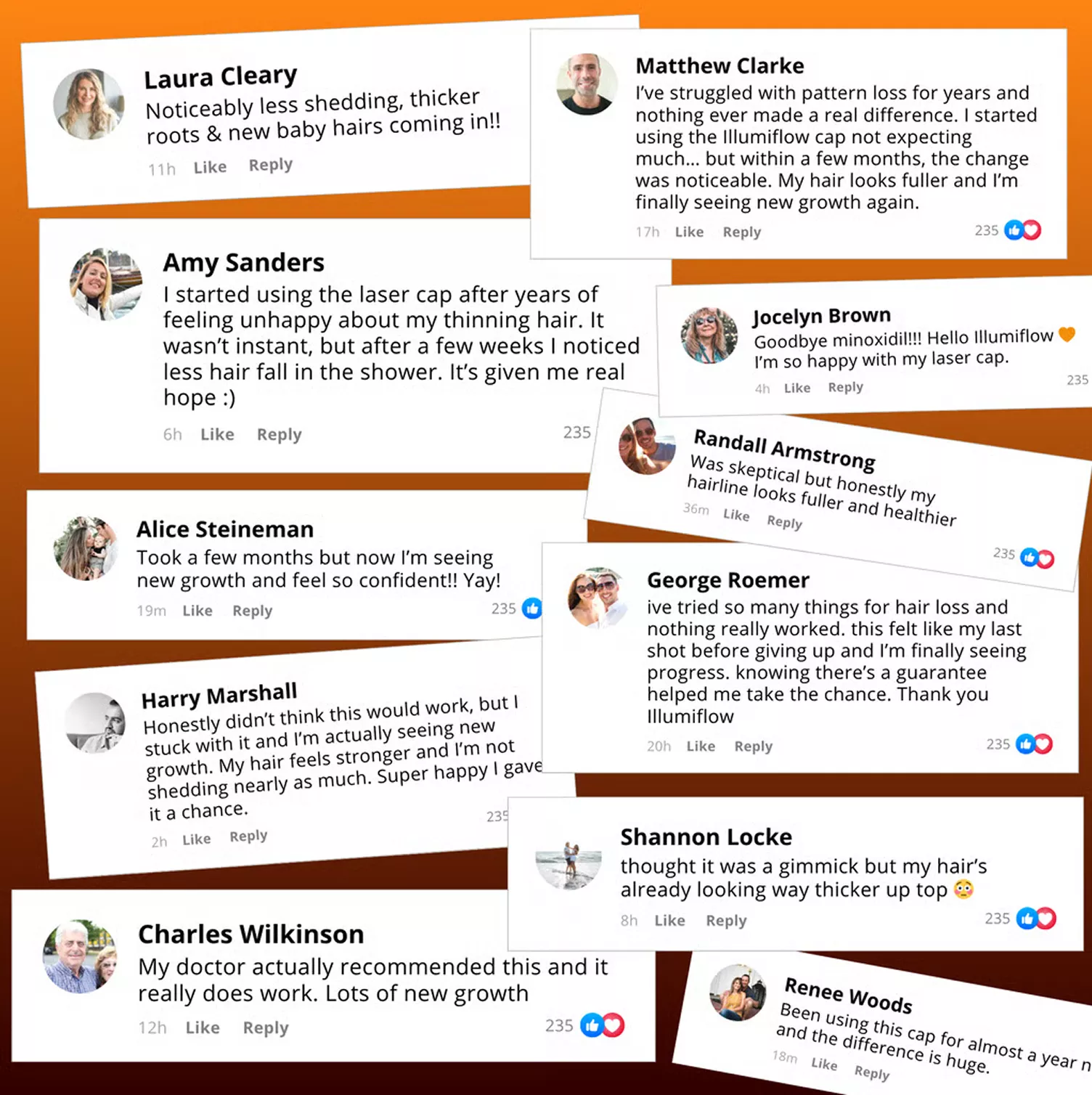 A collage of positive customer testimonials with names and profile pictures on an orange background.