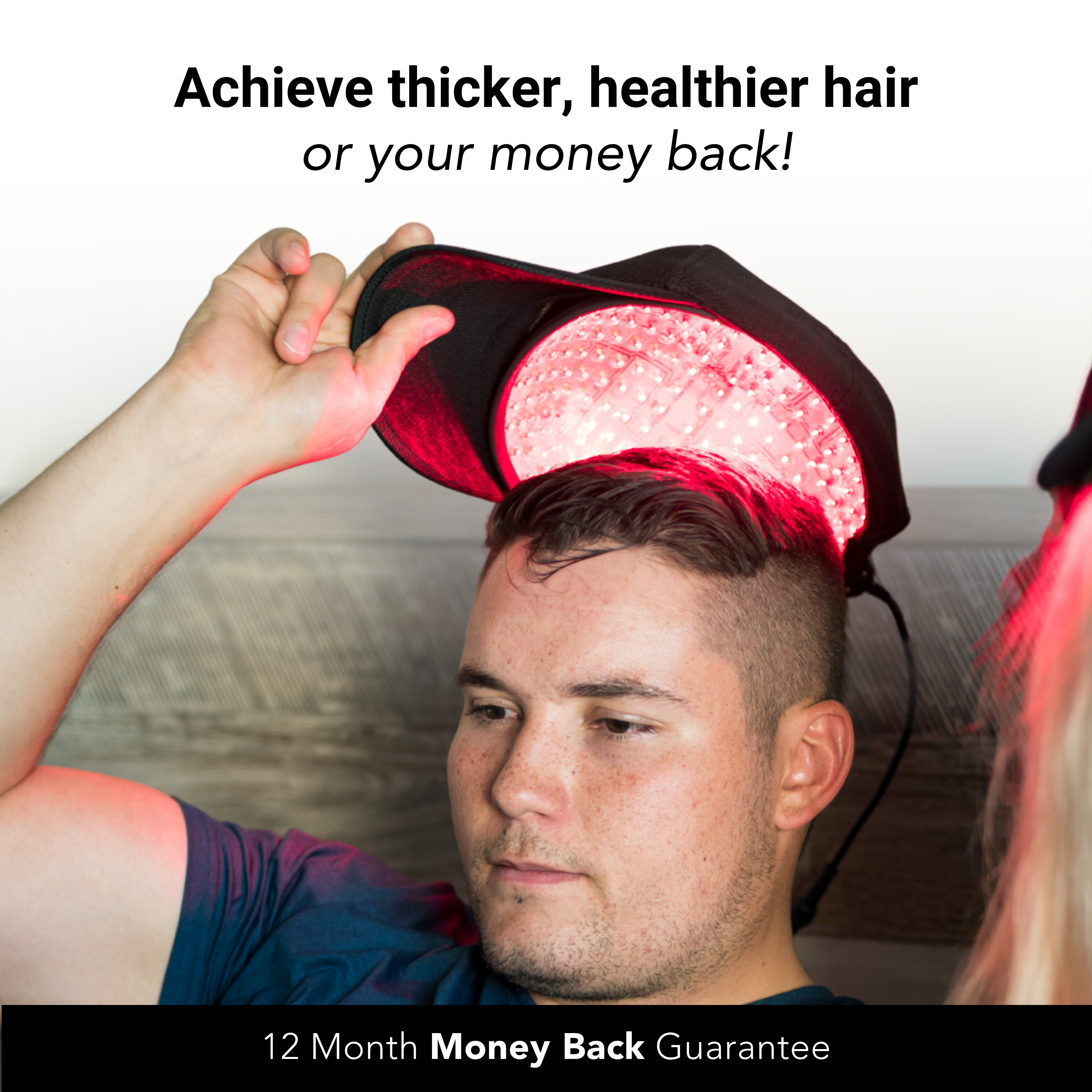 Person using a cap with red lights, promoting hair growth.