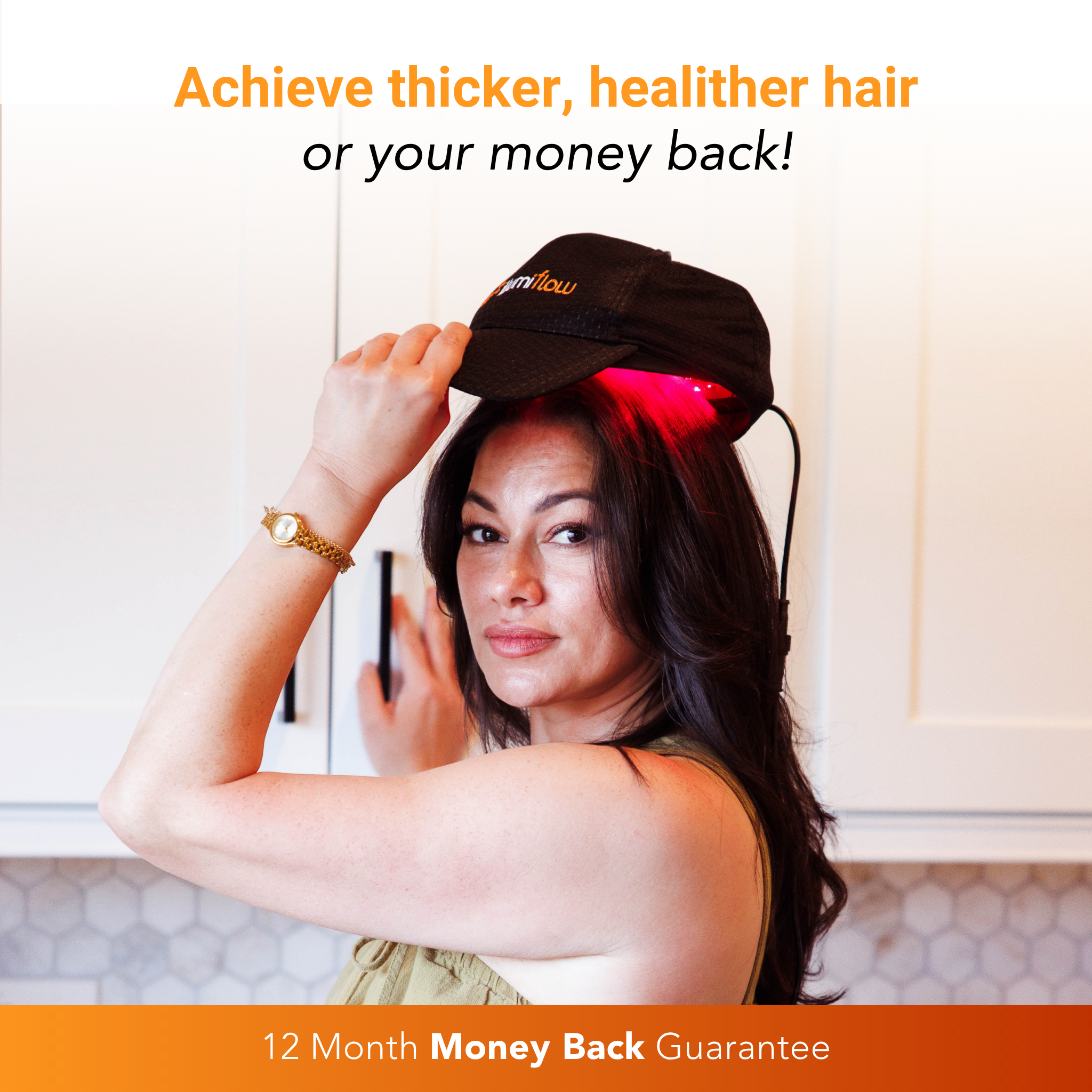 Woman using a hair growth cap with promotional text about thicker hair.
