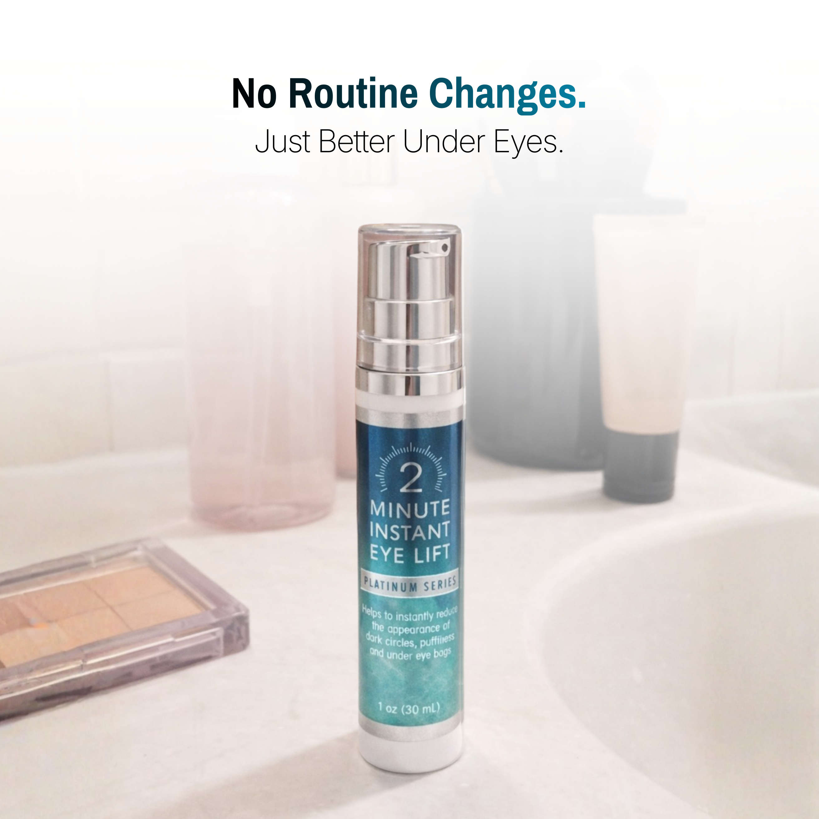 A bottle of 2 Minute Instant Eye Lift cream sits on a bathroom counter next to other cosmetics.
