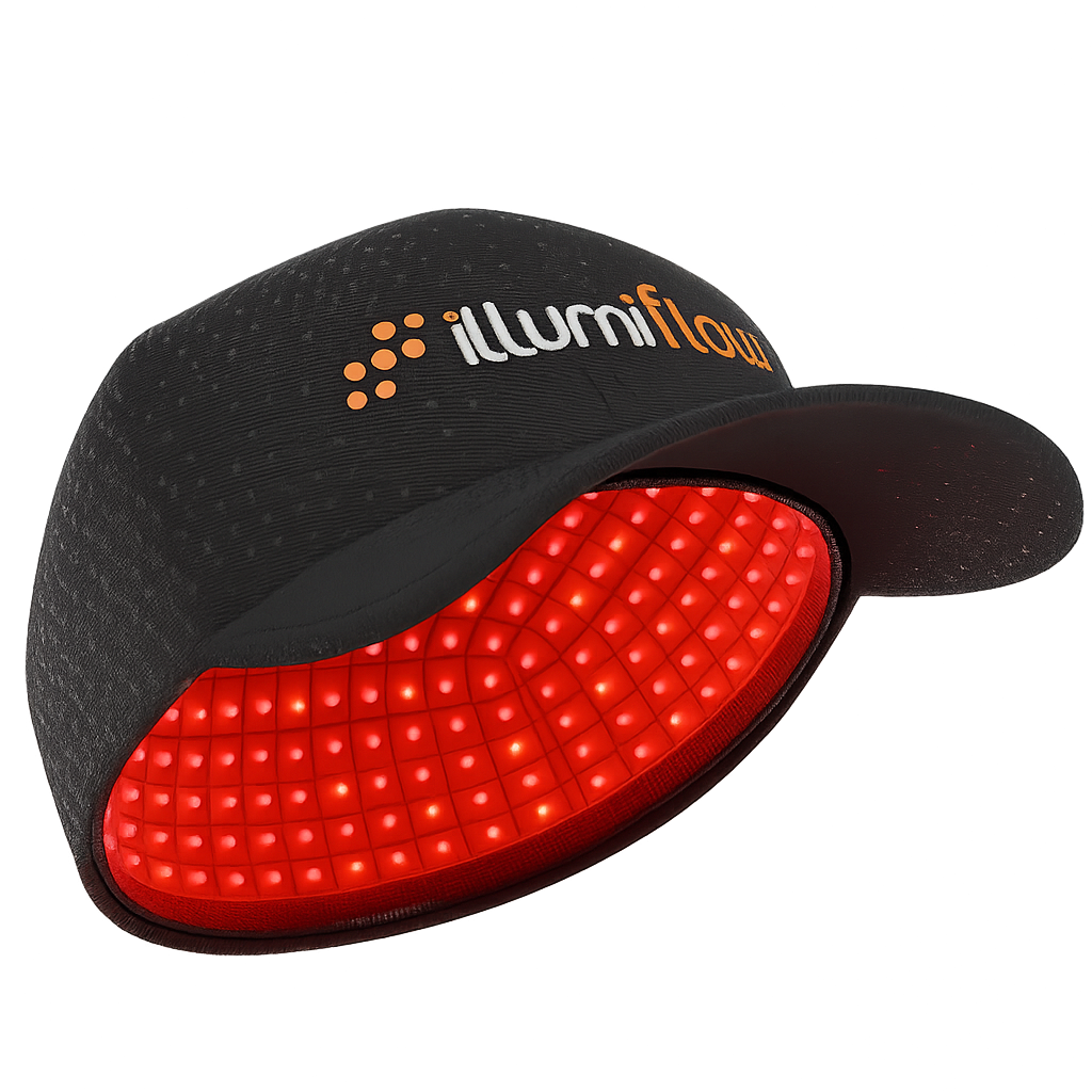 Black cap with red LED lights inside, branded 'illumiflow'.