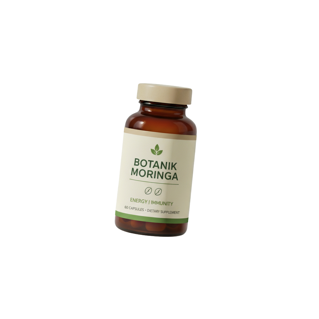 Brown bottle labeled 'Botanik Moringa' dietary supplement.