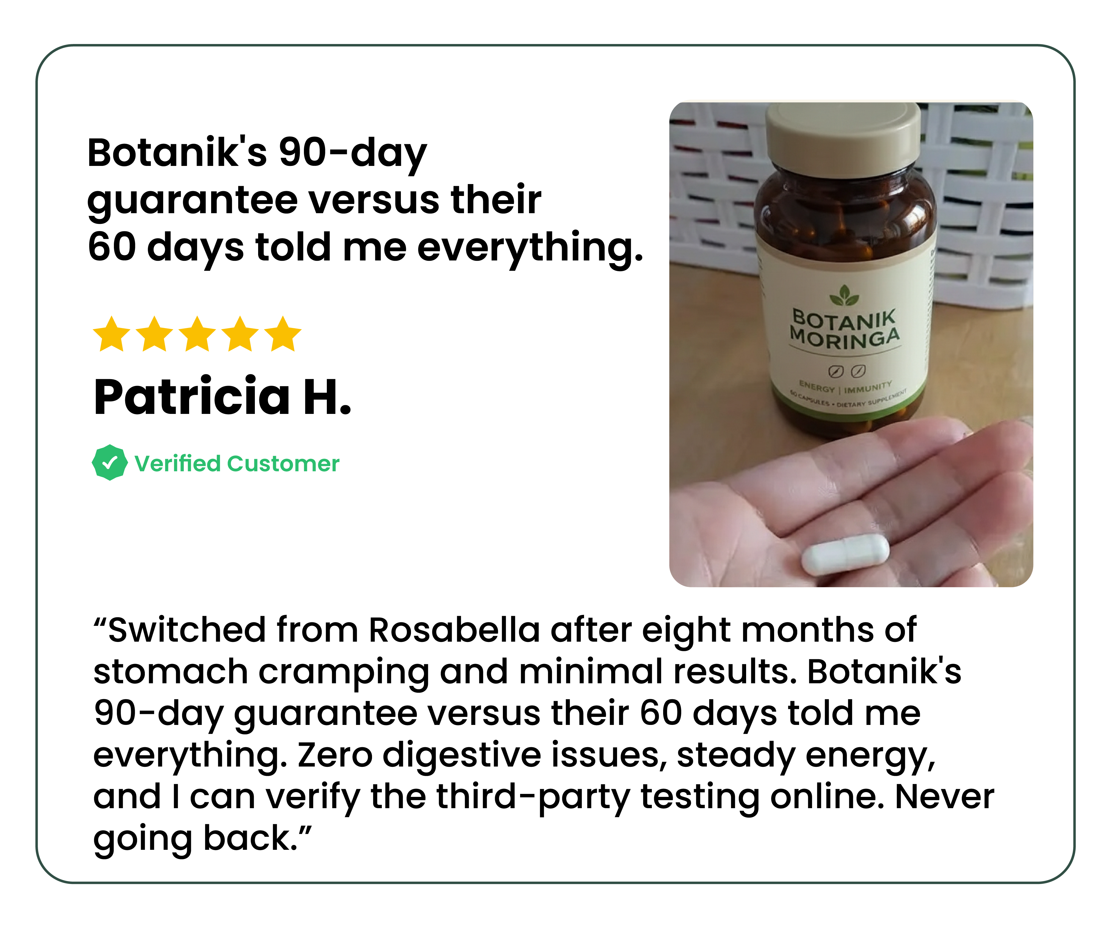 Review of Botanik Moringa with a bottle and capsule shown.