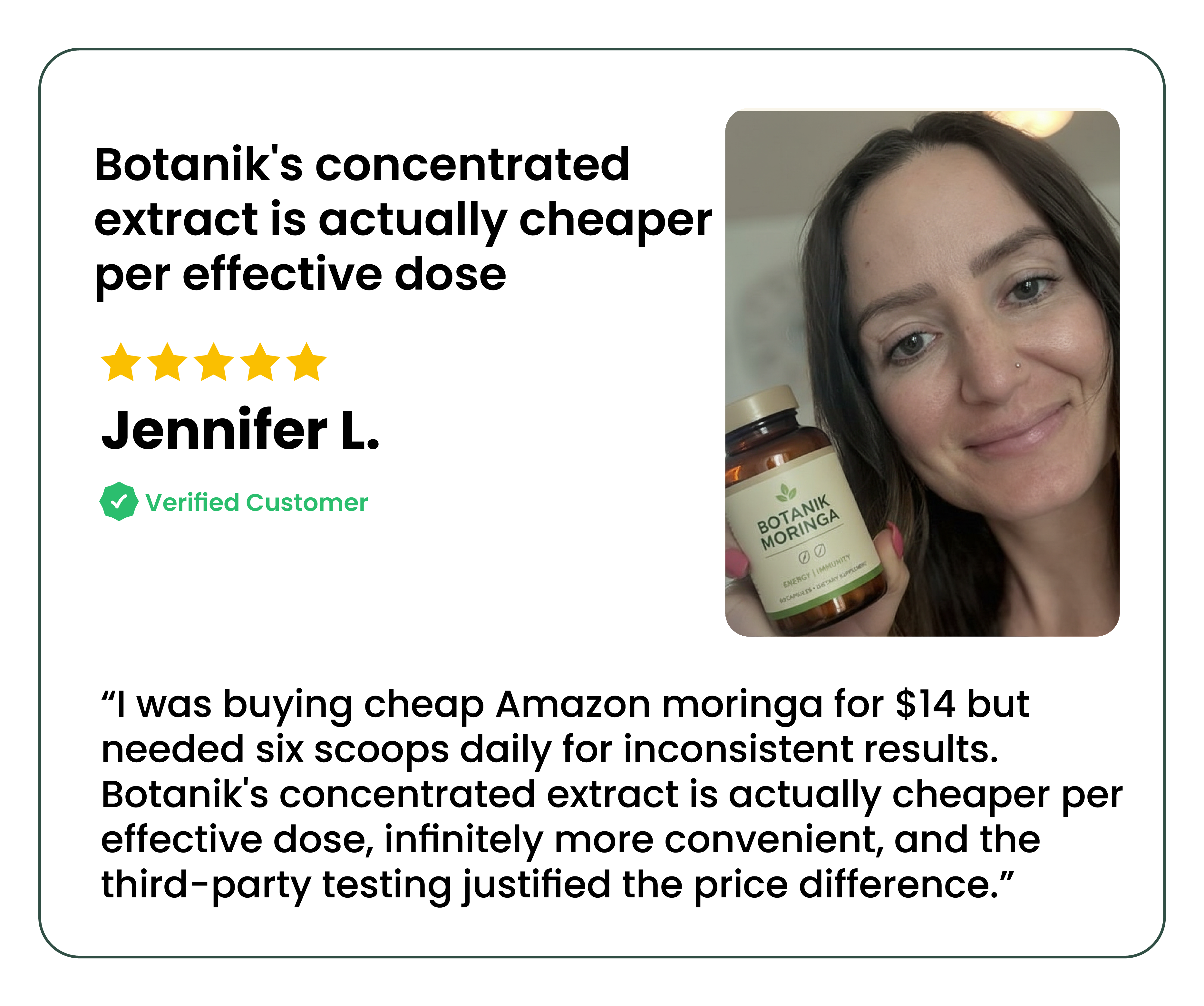 A woman holds a bottle of Botanik Moringa, with a customer review and five-star rating.