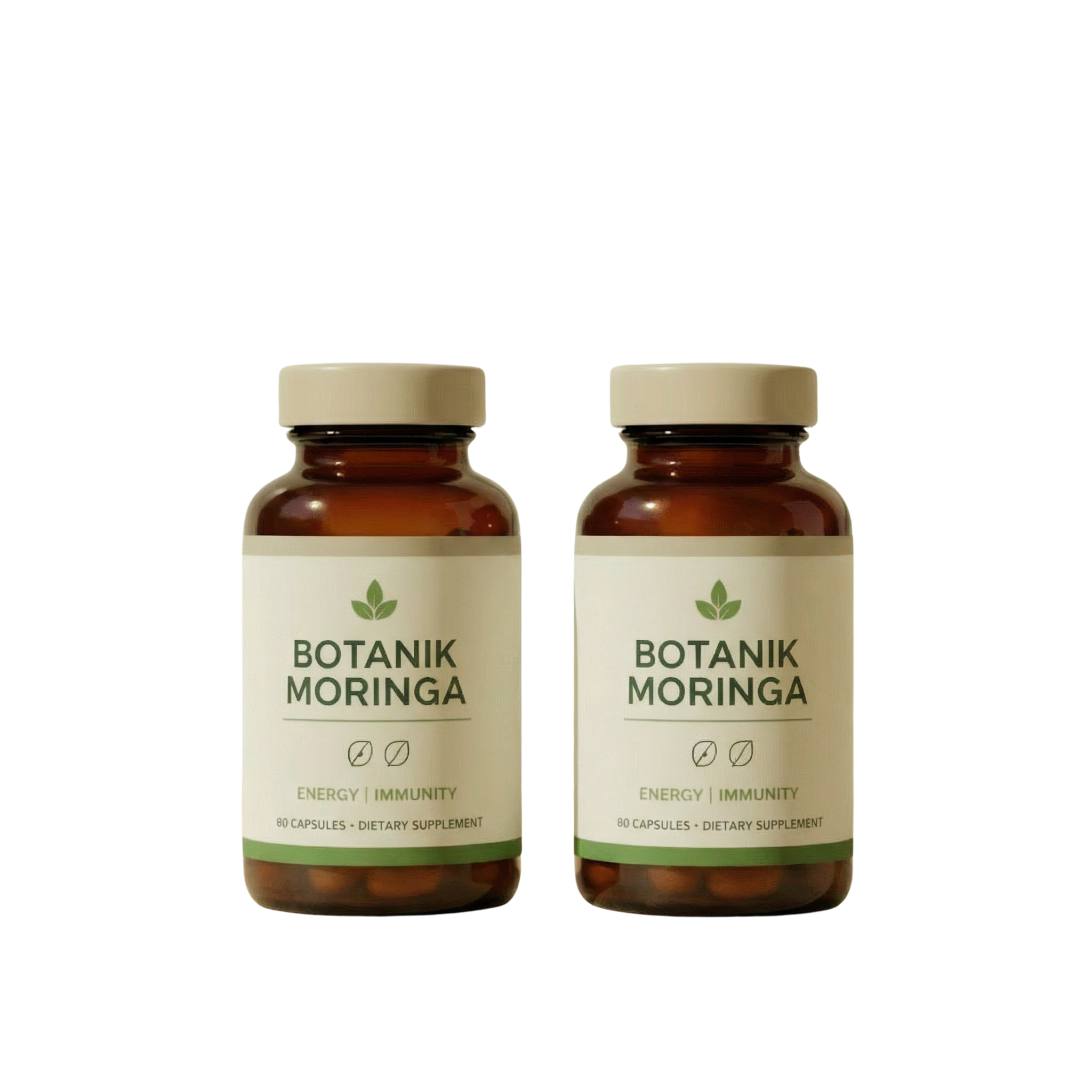 Two bottles of Botanik Moringa dietary supplement capsules on a solid green background.