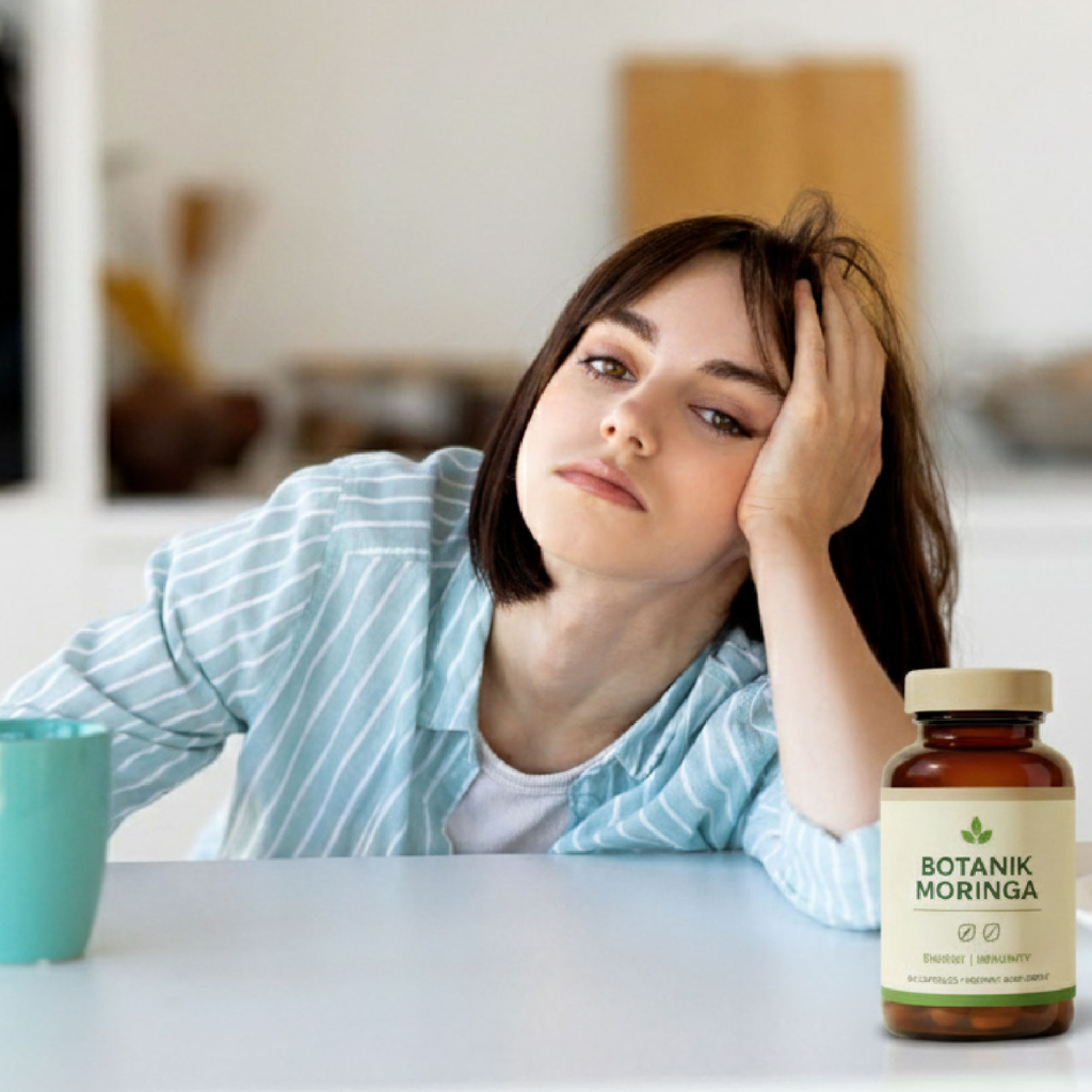Woman resting her head on hand next to a bottle labeled Botanik Moringa.