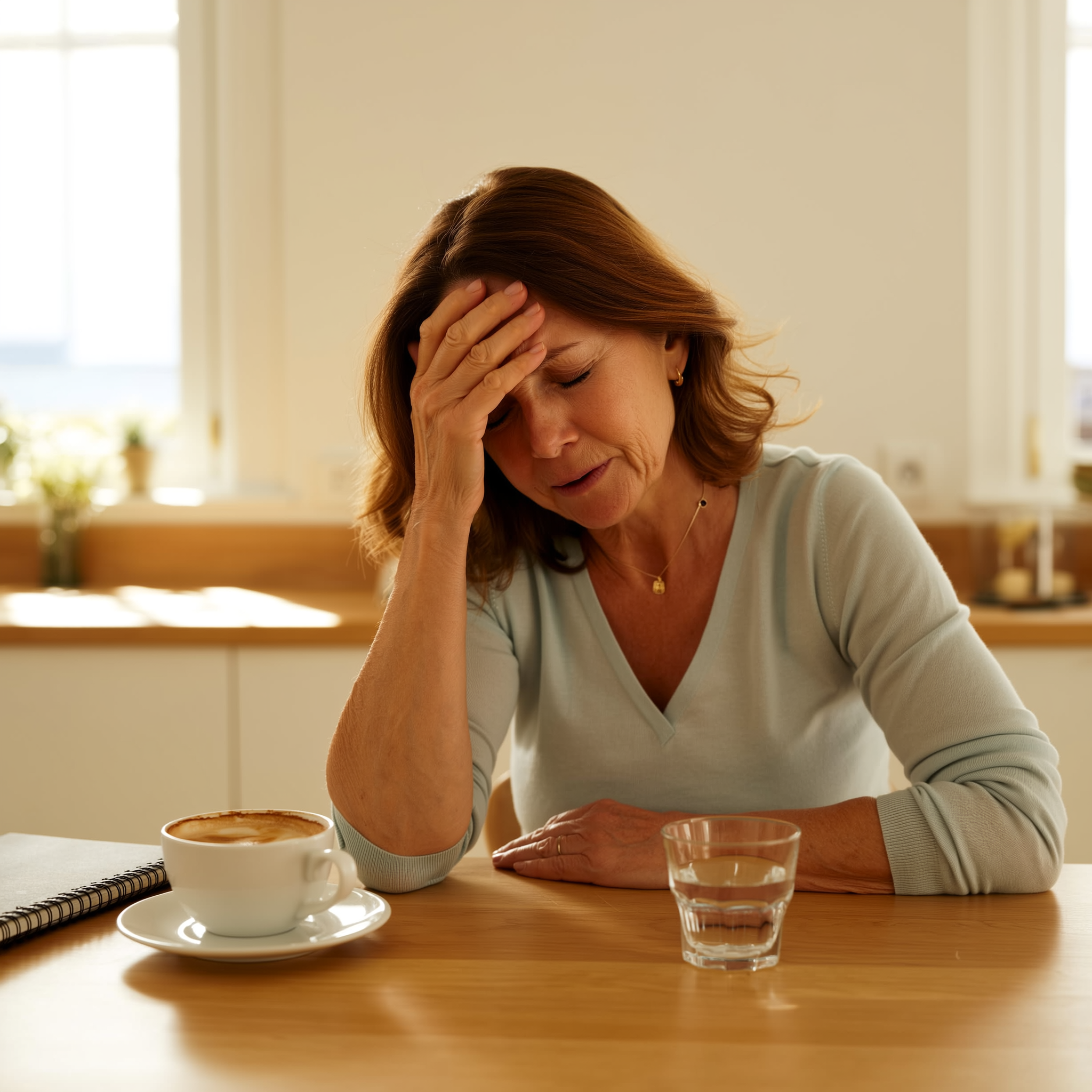 Woman holding head with coffee and water on table in kitchen.