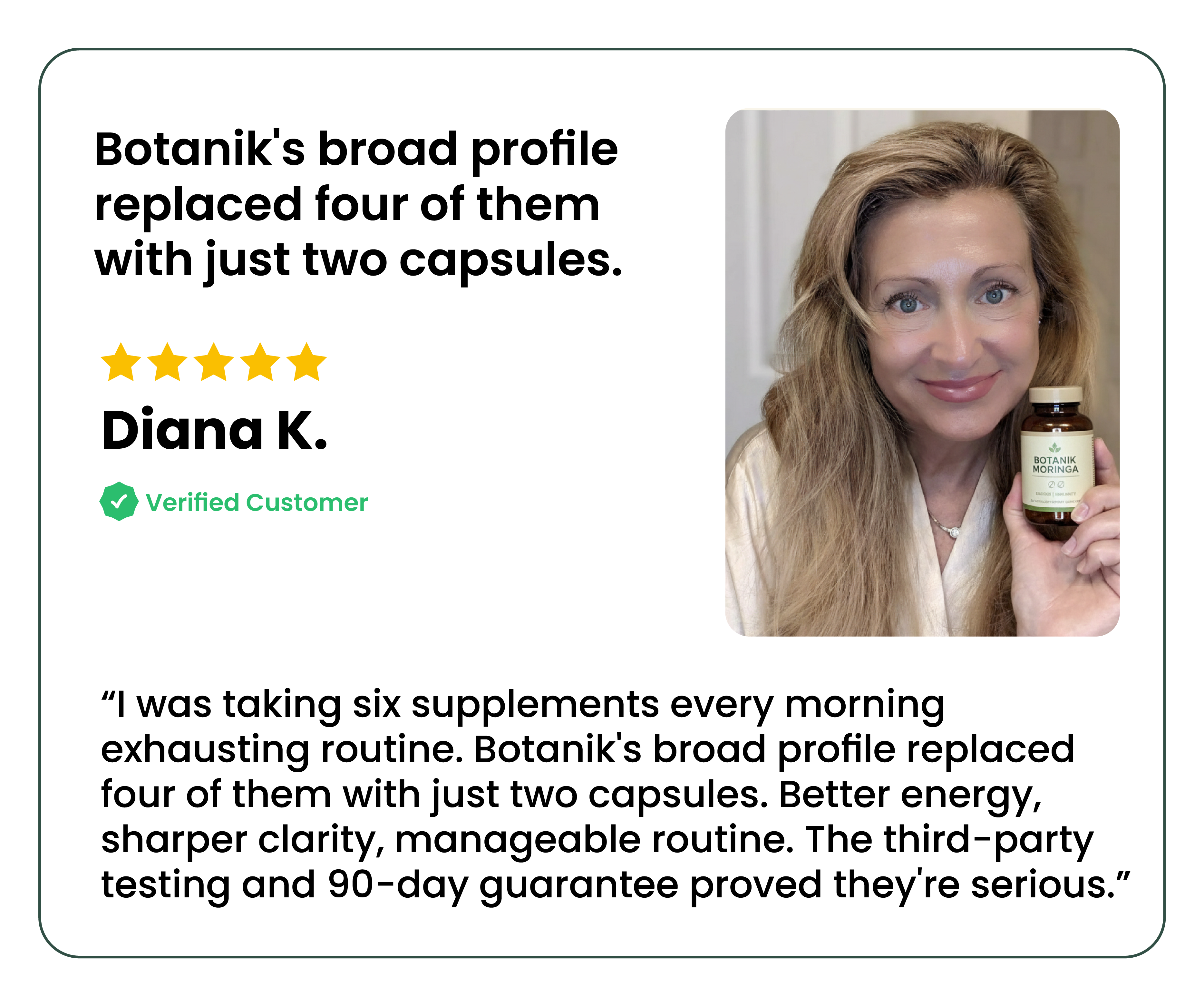 Woman holding a bottle of Botanik Moringa with testimonial and five-star rating.
