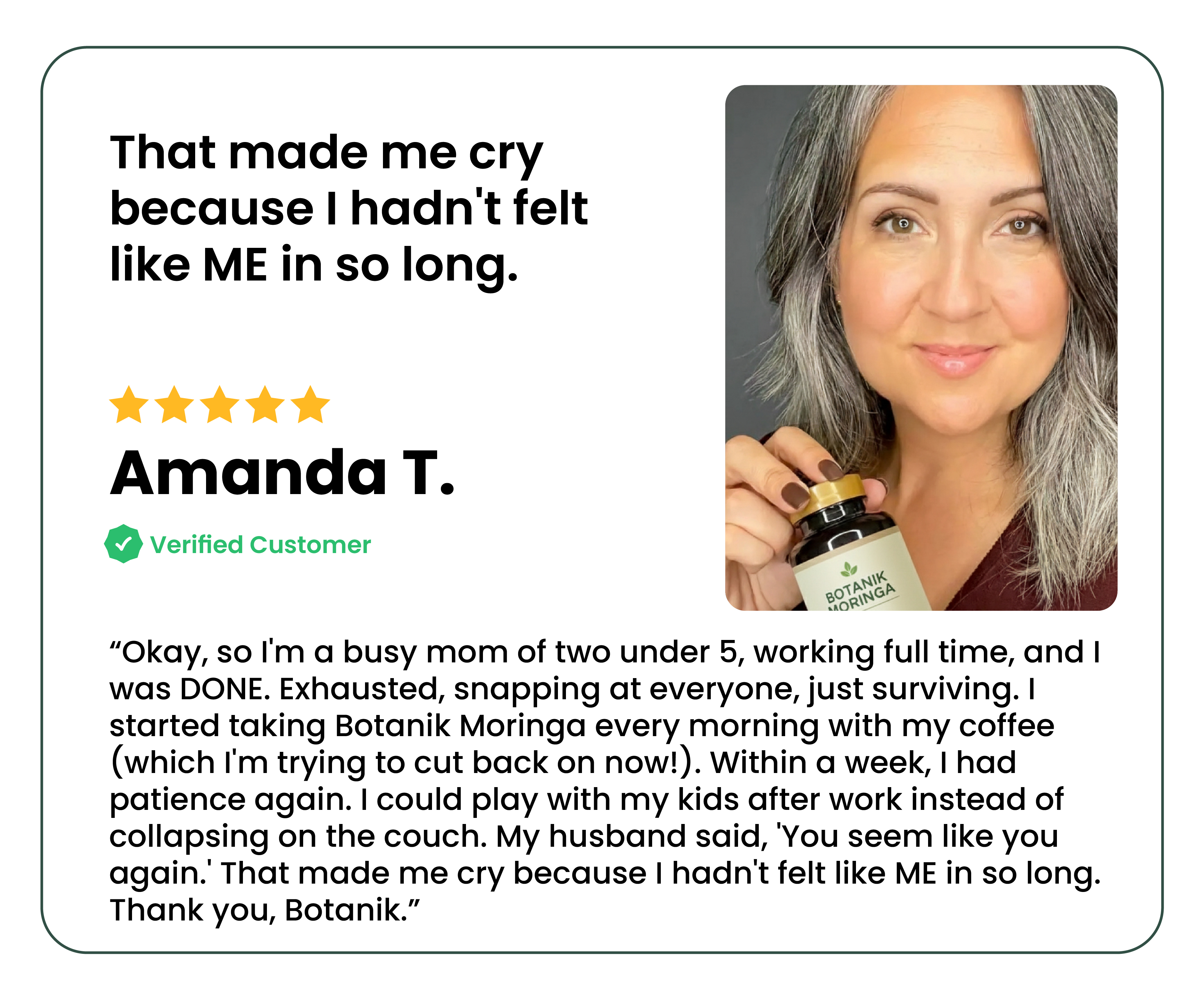 Woman holding a bottle of Botanik Moringa with customer testimonial text.