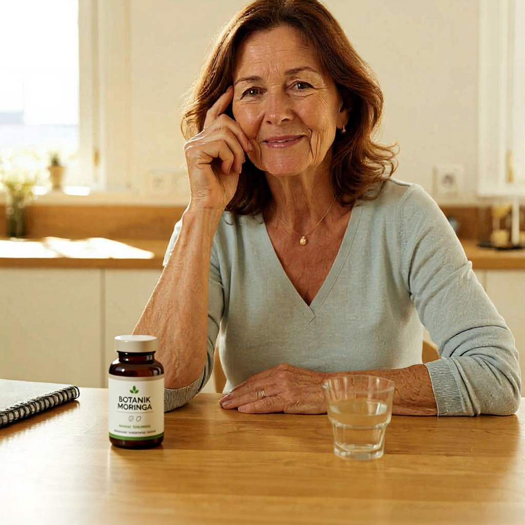 Woman sitting at a kitchen table with a supplement bottle and glass of water.