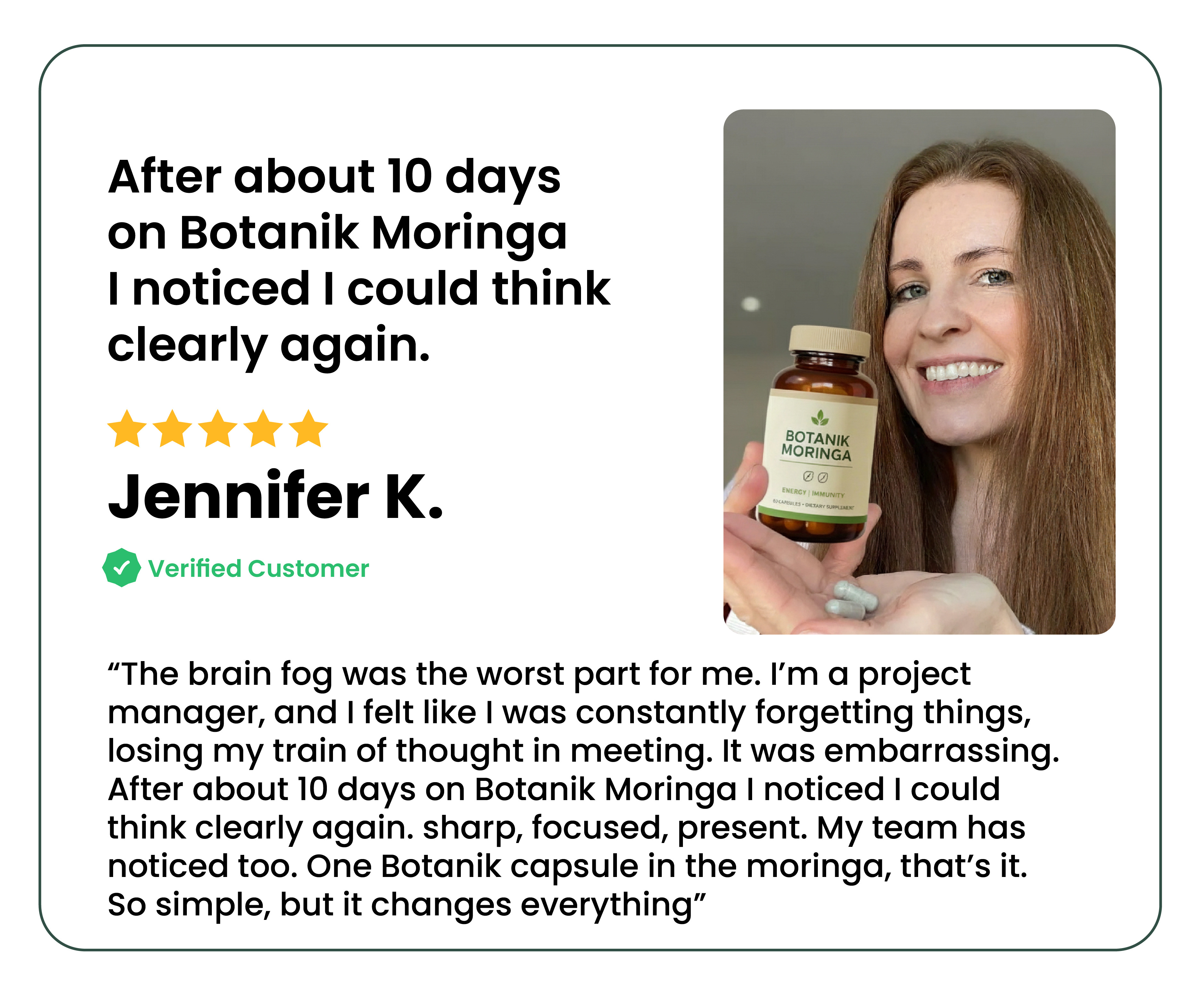 Woman holding Botanik Moringa bottle, positive review text beside.