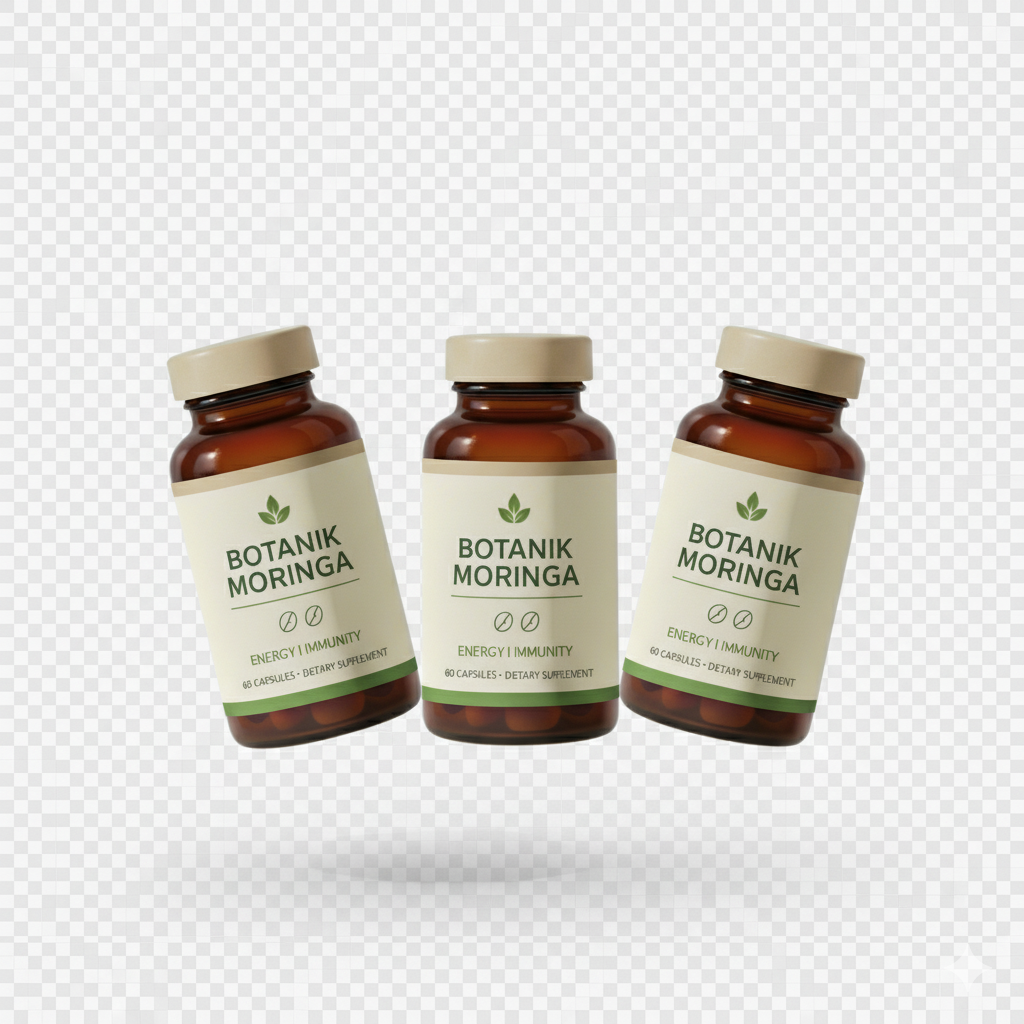 Three brown supplement bottles labeled 'Botanik Moringa', floating against a transparent background.