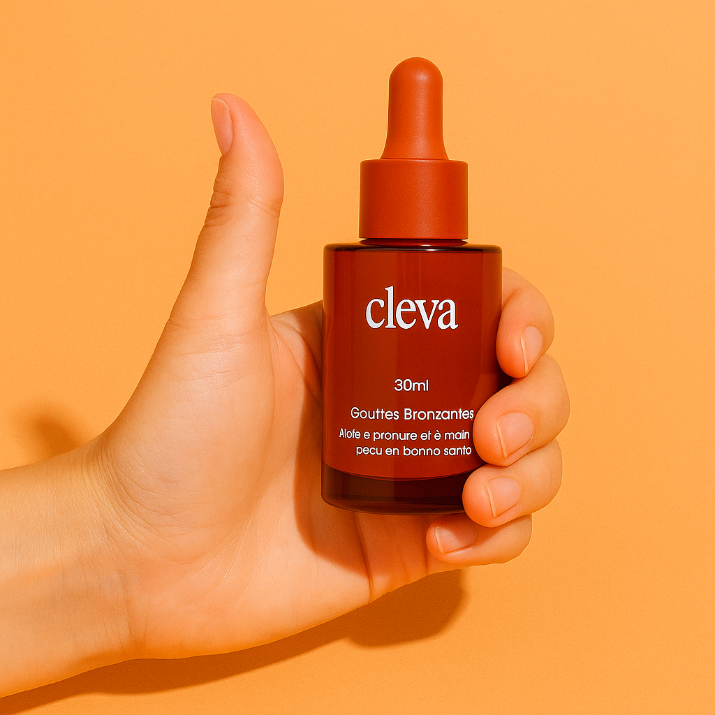 Hand holding a brown dropper bottle against an orange background.