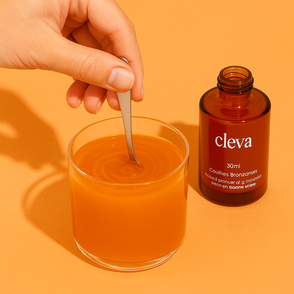 Hand stirring orange liquid in a glass beside a brown bottle labeled 'cleva'.
