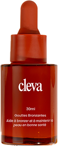 Brown bottle of cleva tanning drops with a dropper lid.