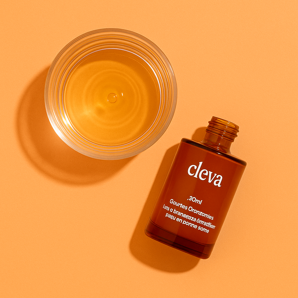 Brown bottle labeled 'cleva' next to a glass bowl on an orange background.
