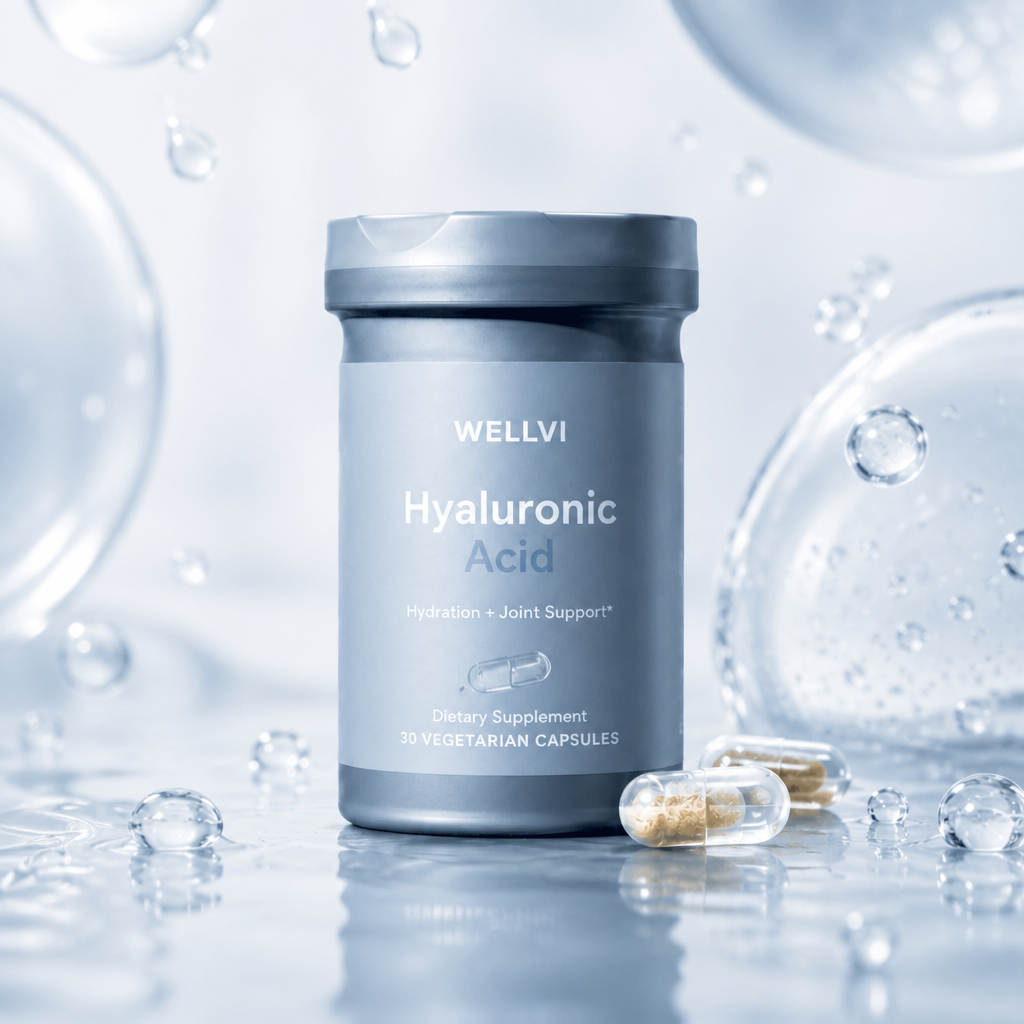 A bottle of Wellvi Hyaluronic Acid dietary supplements sits on a wet surface with capsules and water bubbles.