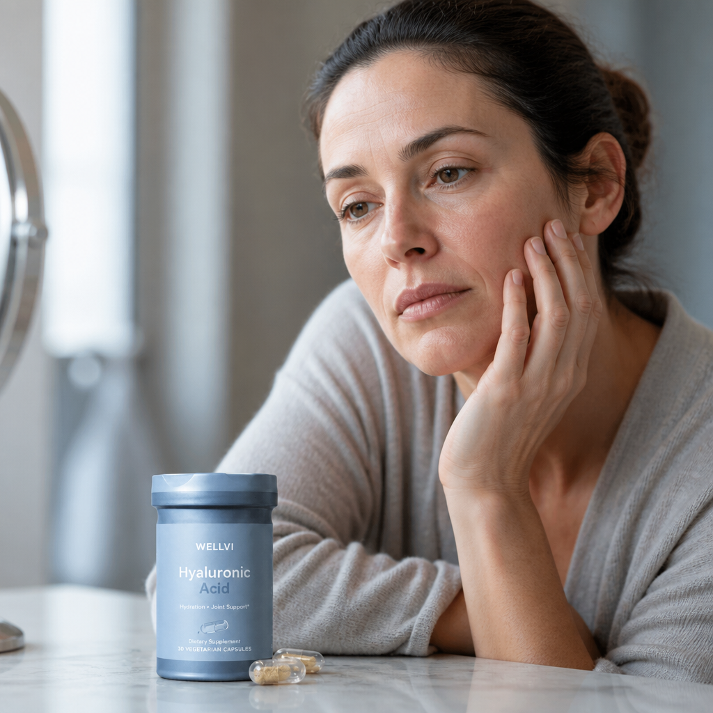 A woman looks at her reflection in a mirror, with a bottle of Hyaluronic Acid supplements on the table.