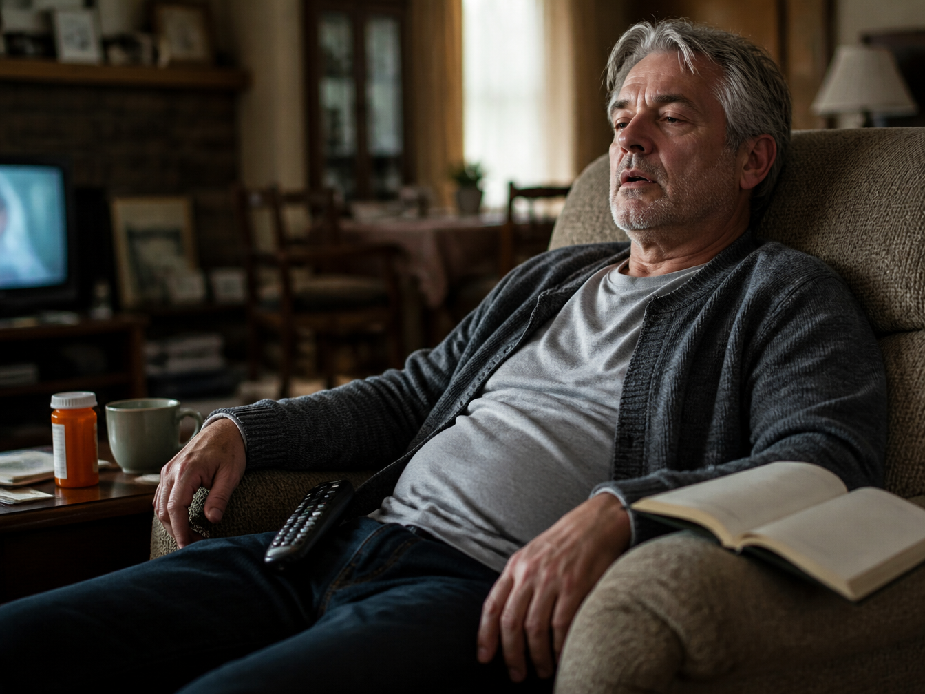 A man with gray hair sits in a recliner chair in a living room, looking weary.