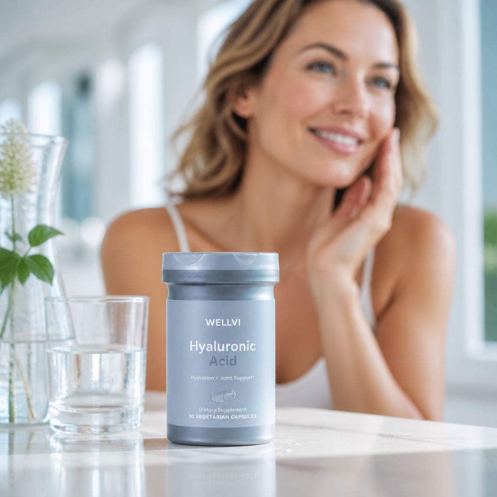 A bottle of Wellvi Hyaluronic Acid supplements on a counter, with a smiling woman in the background.