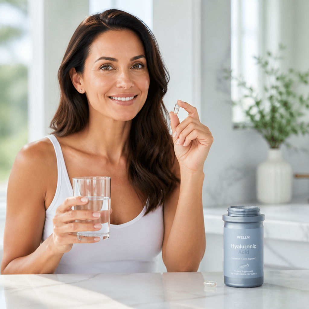 A smiling woman holds a clear capsule and a glass of water, with a bottle of supplements on the table.
