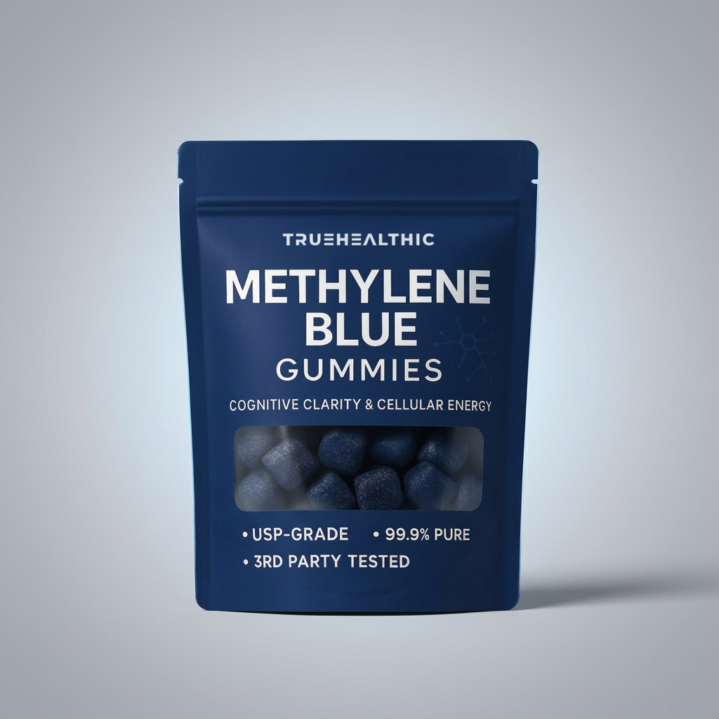 A dark blue pouch of Truehealthic Methylene Blue Gummies standing against a plain, light-colored background.