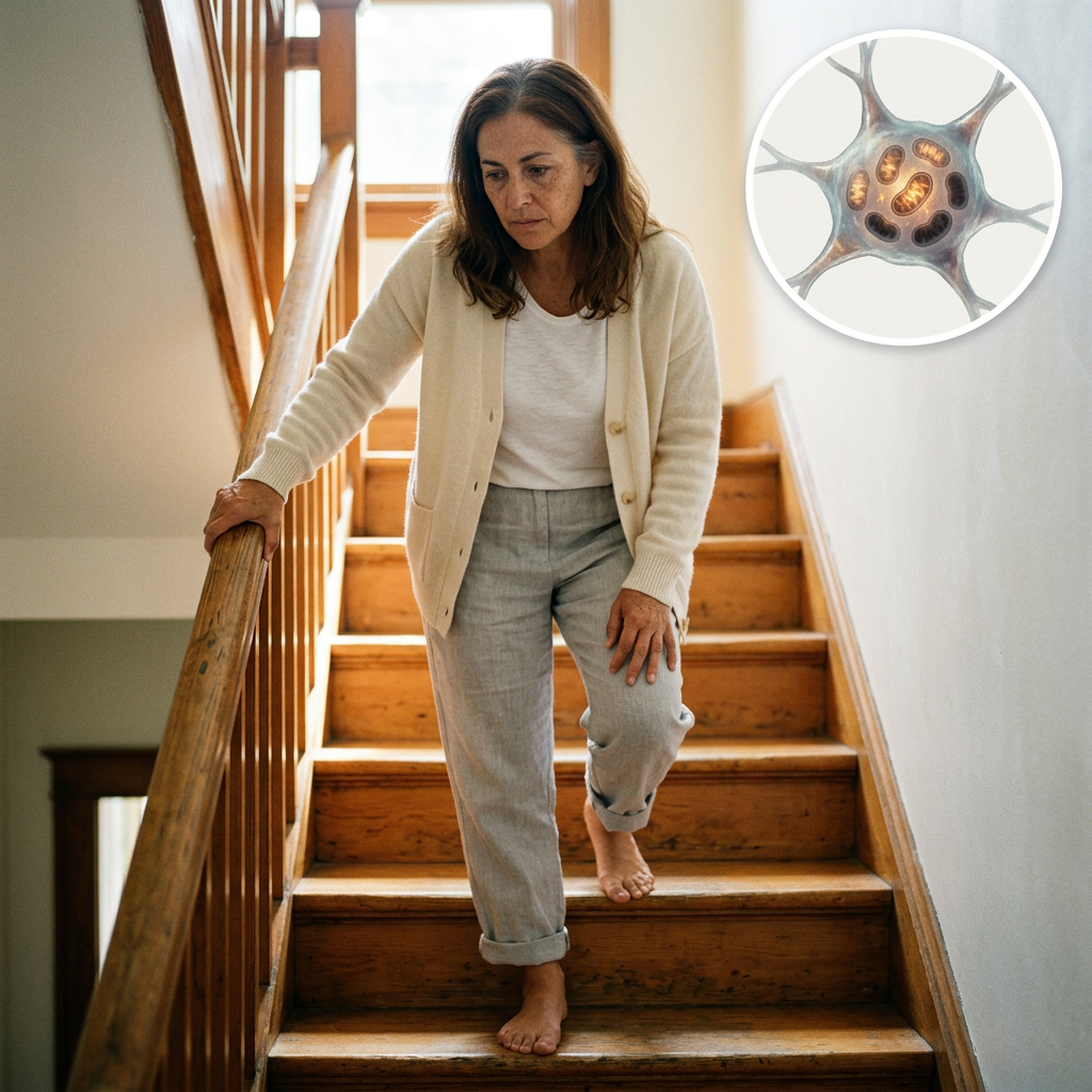 A woman carefully walks down a wooden staircase, with an inset graphic of a neuron.