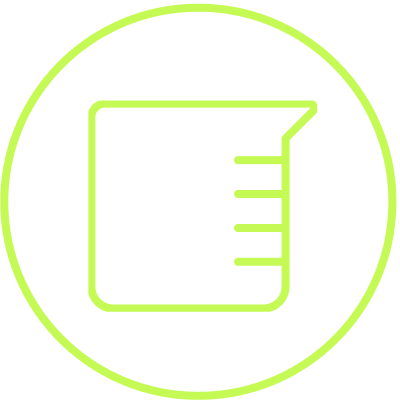 A circular icon with a line drawing of a scientific beaker with measurement lines.