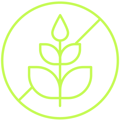 A white line icon of a crossed-out stalk of wheat in a circle, representing gluten-free.