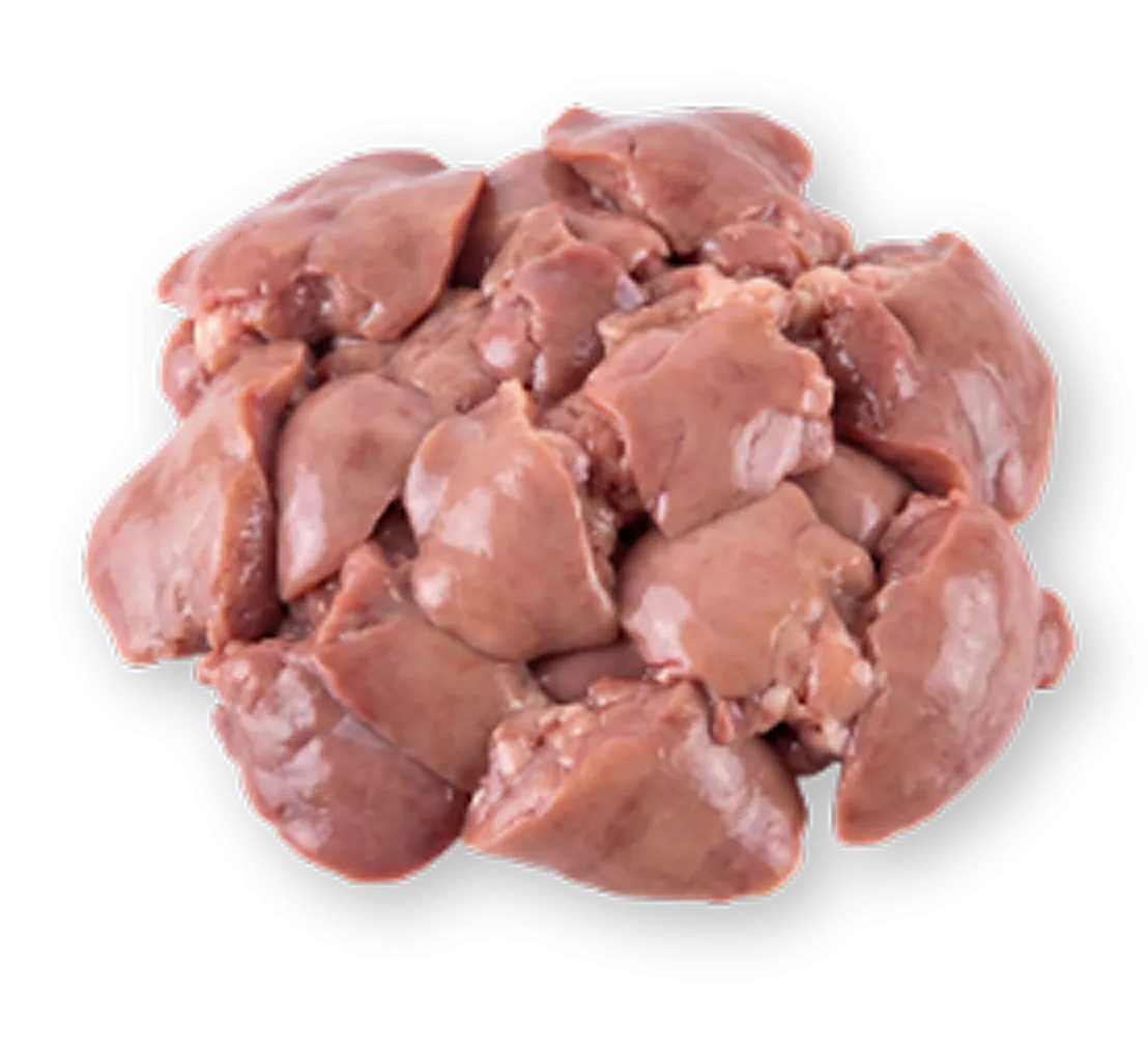 A pile of fresh, raw chicken livers on a dark green background.