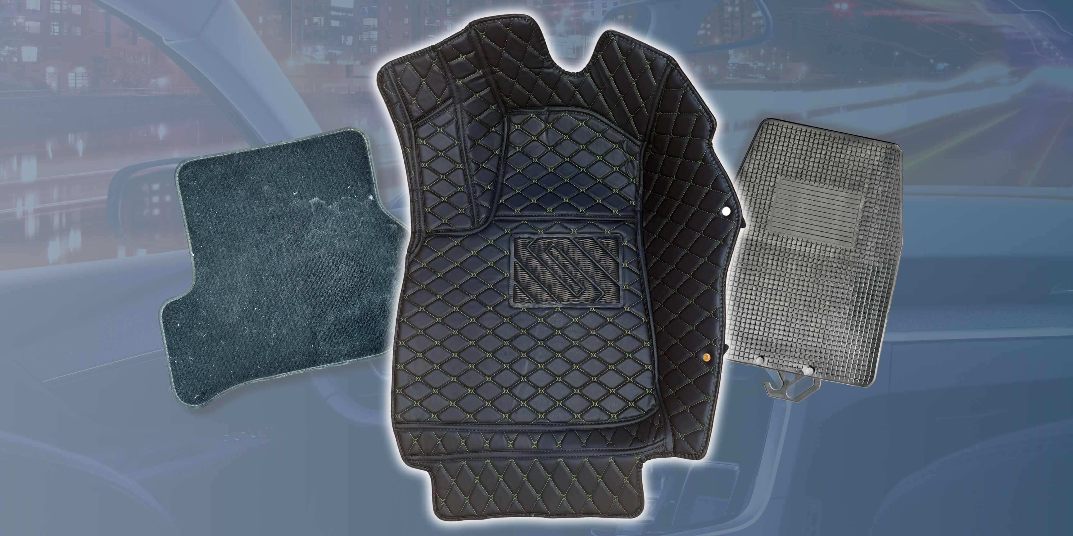 Three different car floor mats displayed against a blurred car interior background.
