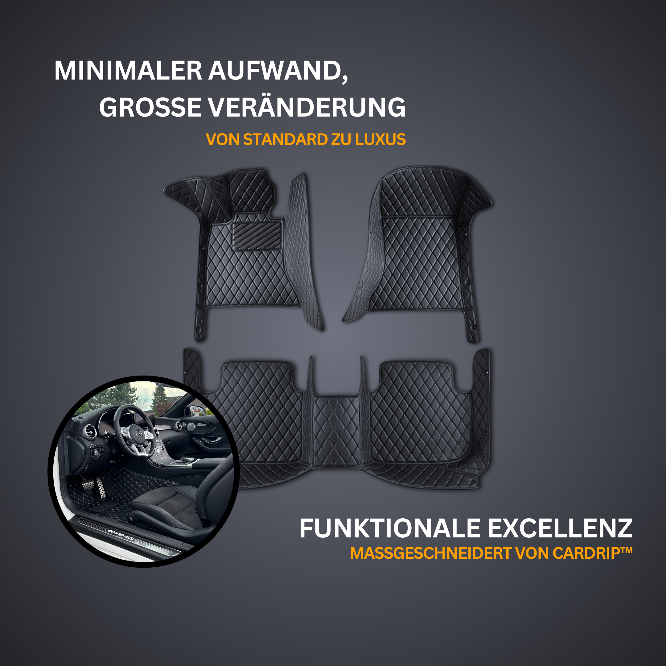 Black quilted car floor mats with German text and a car interior image.