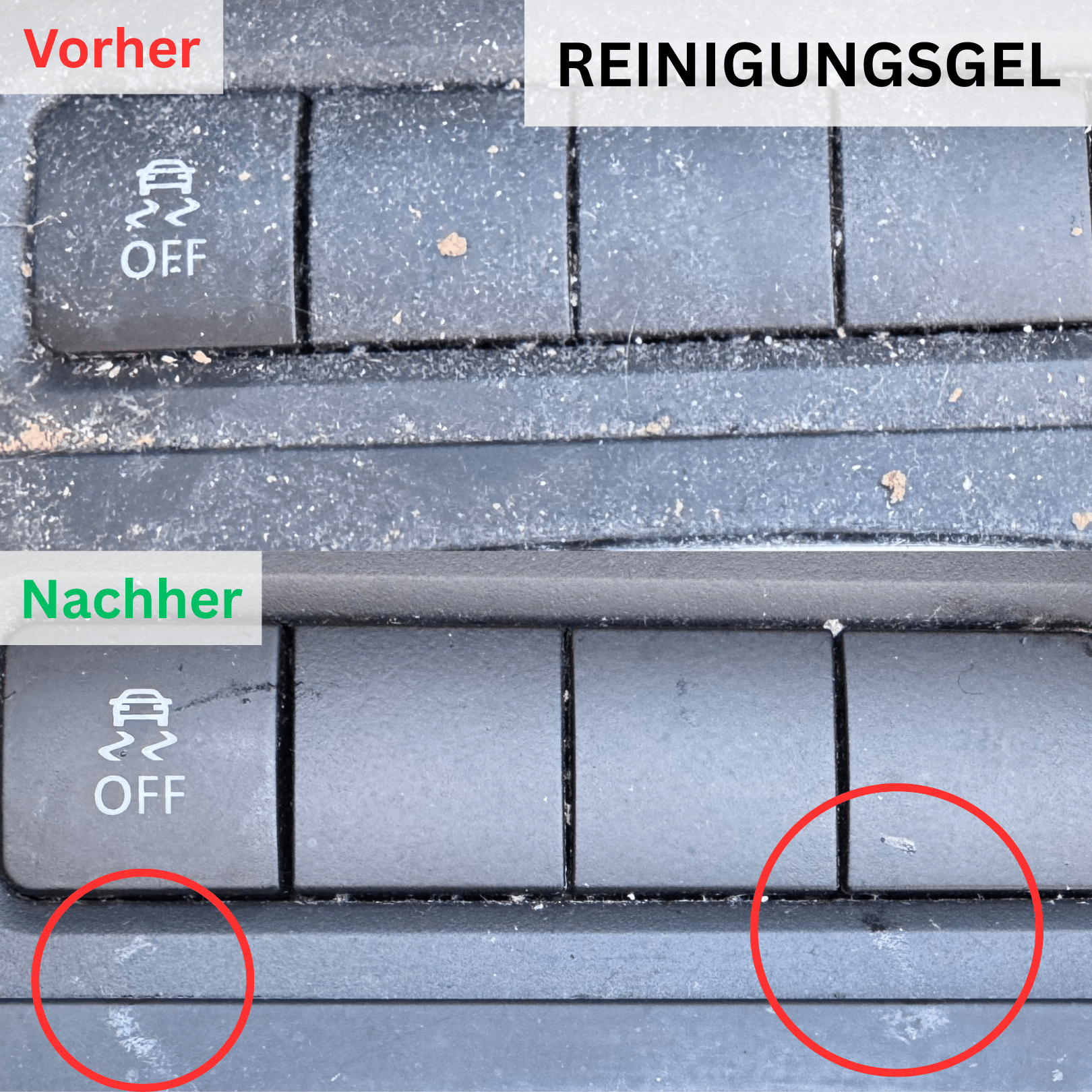 Before and after cleaning car button panel with dirt and dust.