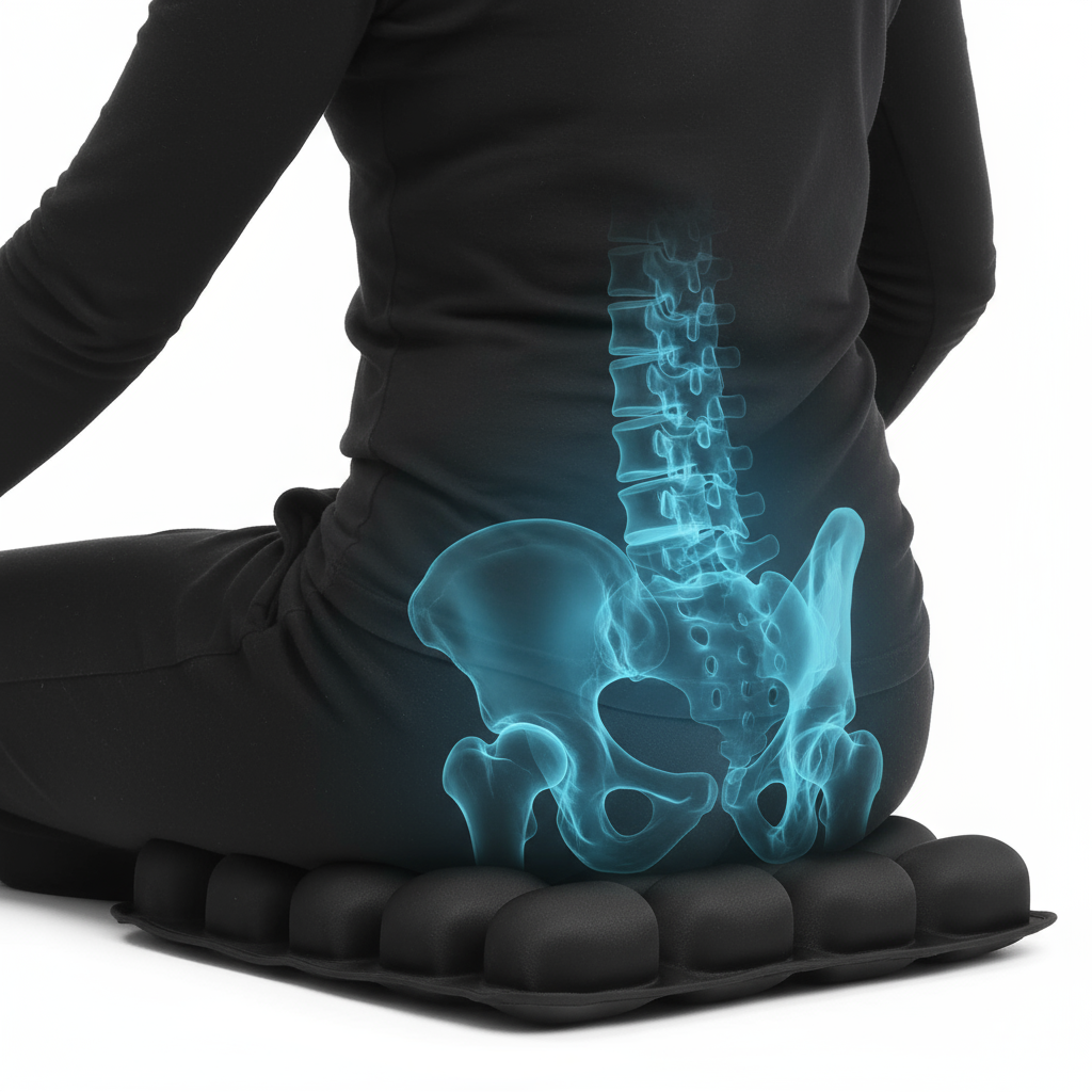 Person seated with a visible spine and pelvis x-ray on a cushion.