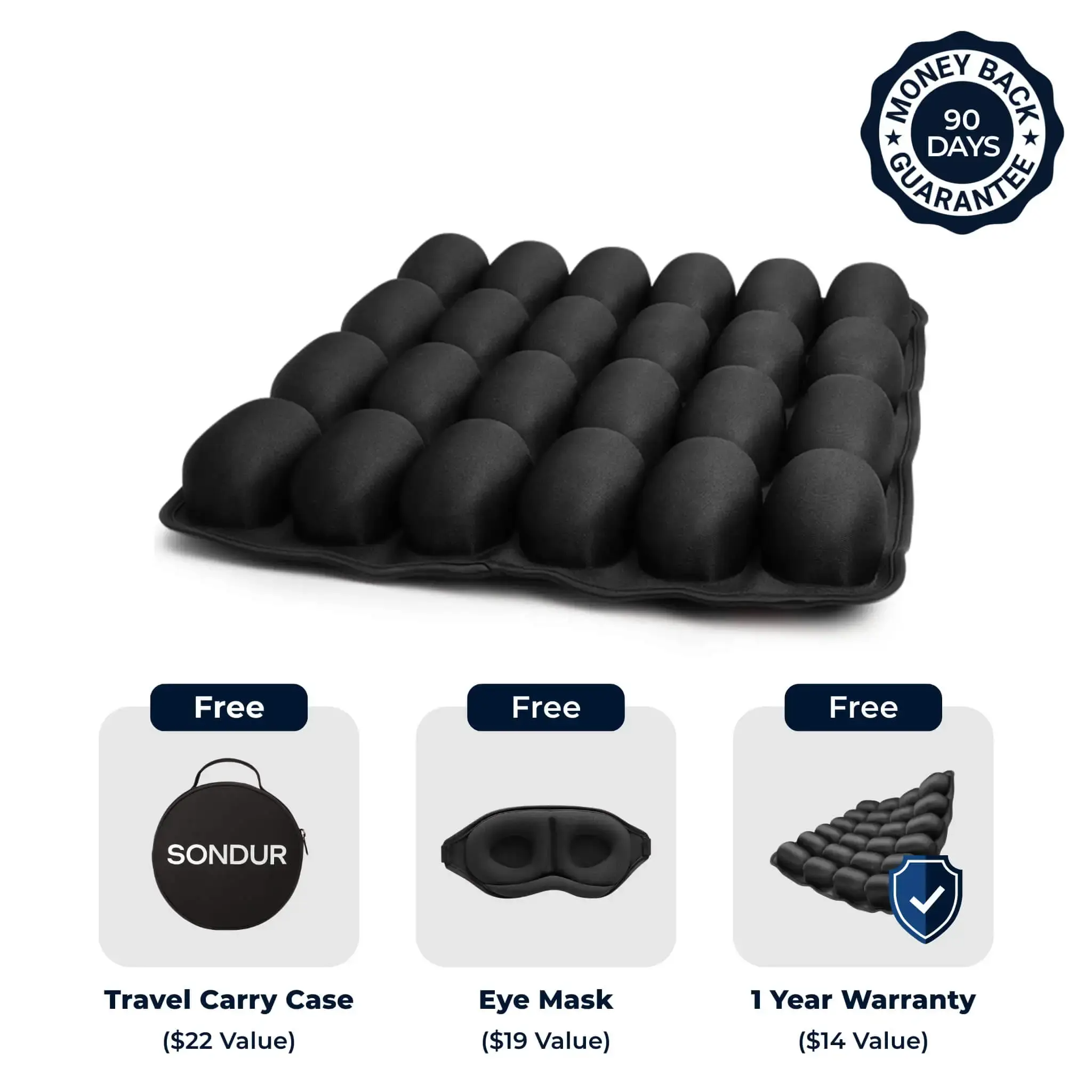 A black cellular seat cushion, with a guarantee seal, a carry case, an eye mask, and a warranty icon.