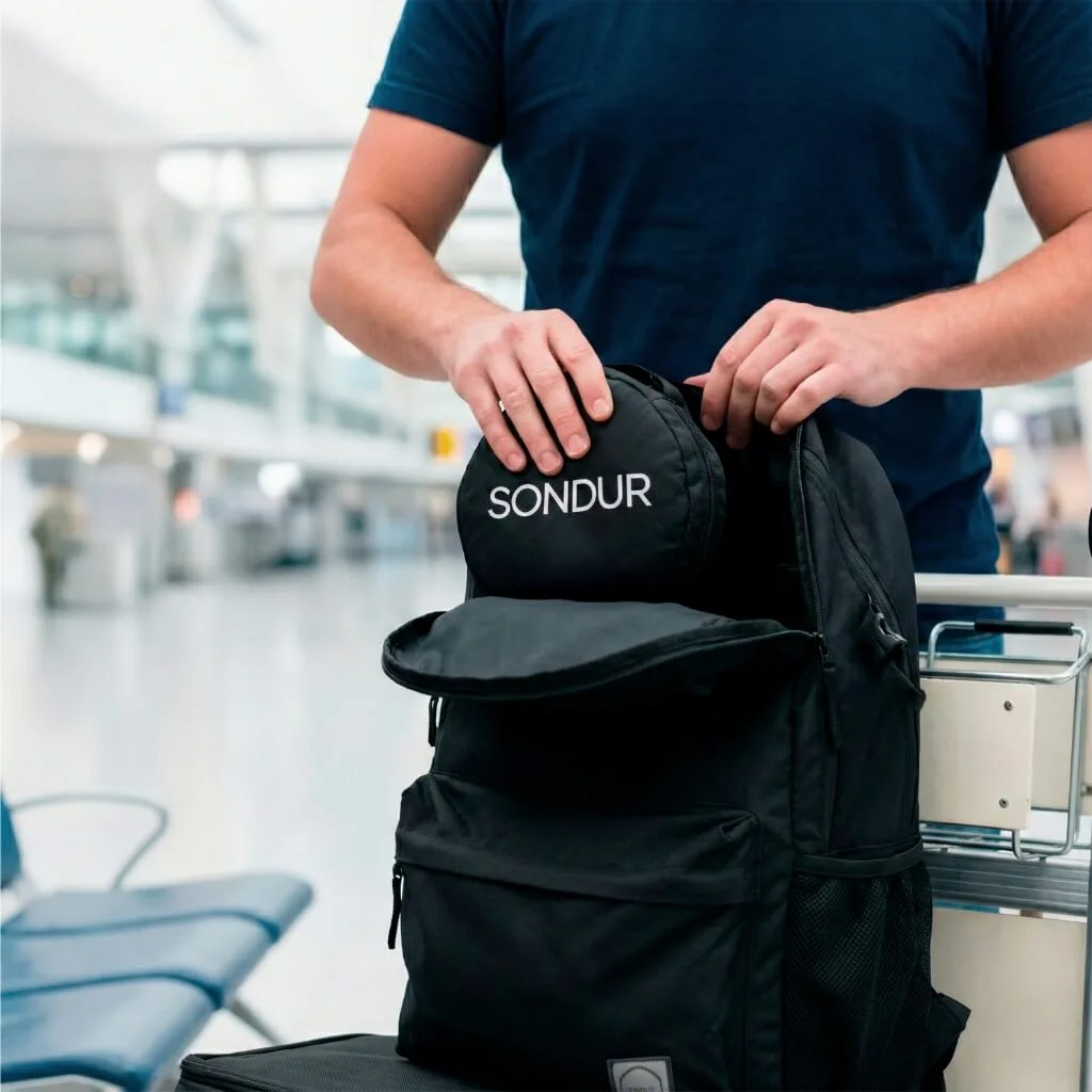 Person putting a round bag labeled 'SONDUR' into a black backpack at an airport.